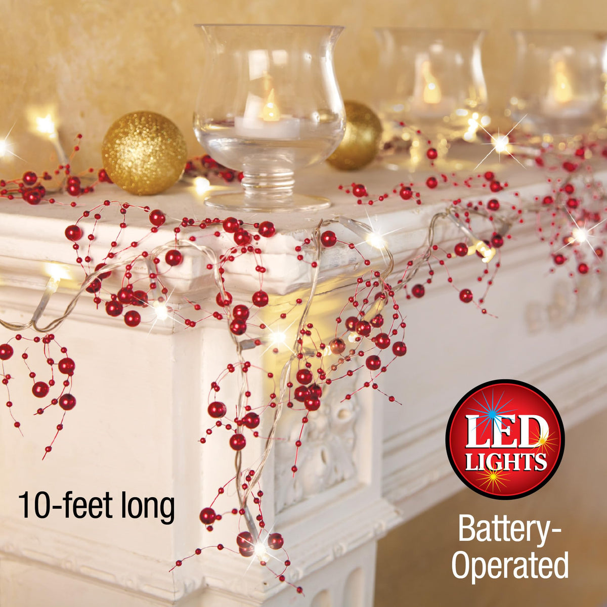 Collections Etc Indoor Christmas Decorations, Festive Lighted Berry Beaded Garland Red- 120" L