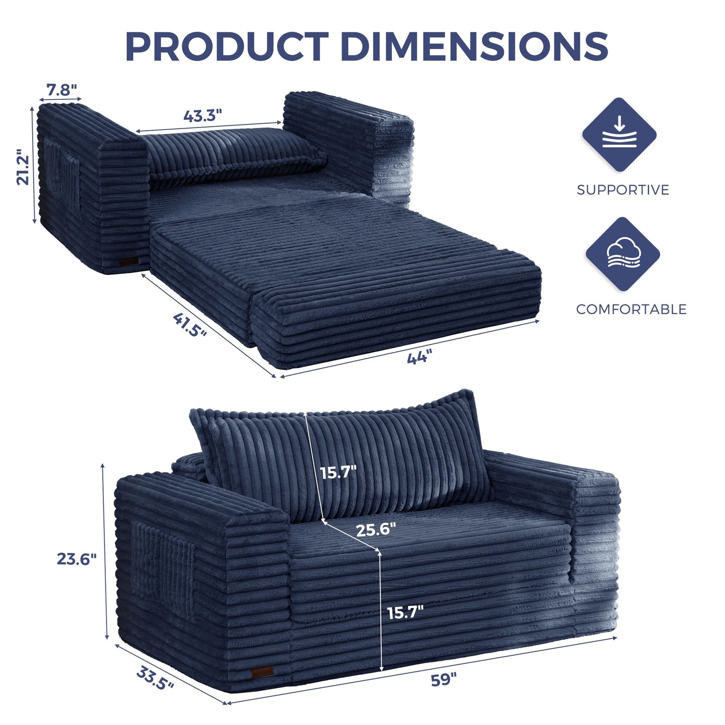 MAXYOYO Convertible Sofa Bed, 2 in 1 Folding Couch Bed for Small Space, Pull Out Loveseat Sofa Couch with Large Back Pillow, Plush Faux Fabric Lounge Couch for Living Room, Apartment, Navy