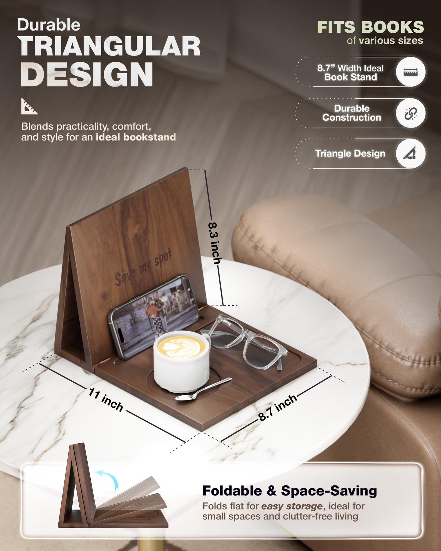 Triangle Book Holder, Book Rest, Acacia Foldable Book Nook Reading Valet, Triangle Book Stand with Cup, Pen, Glasses and Phone Holder for Bedroom, Nightstand or Office, Gifts for Book Lover (Walnut)
