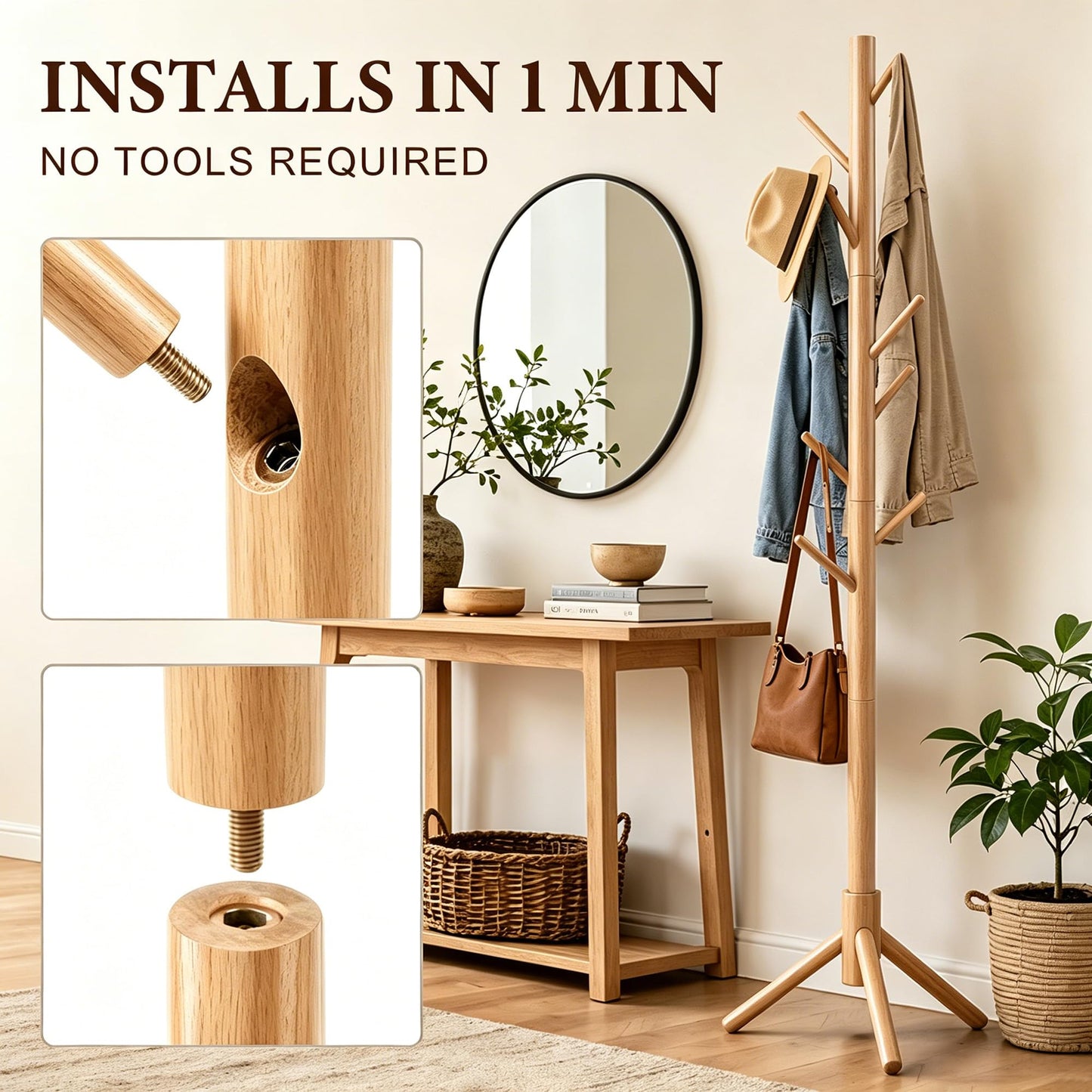 Freyawin Wooden Coat Rack Freestanding with 8 Hooks & 3 Adjustable Sizes for Clothes, Space-Saving Design for Bedroom Office Entrance Holds Hats Coats Scarves Bags