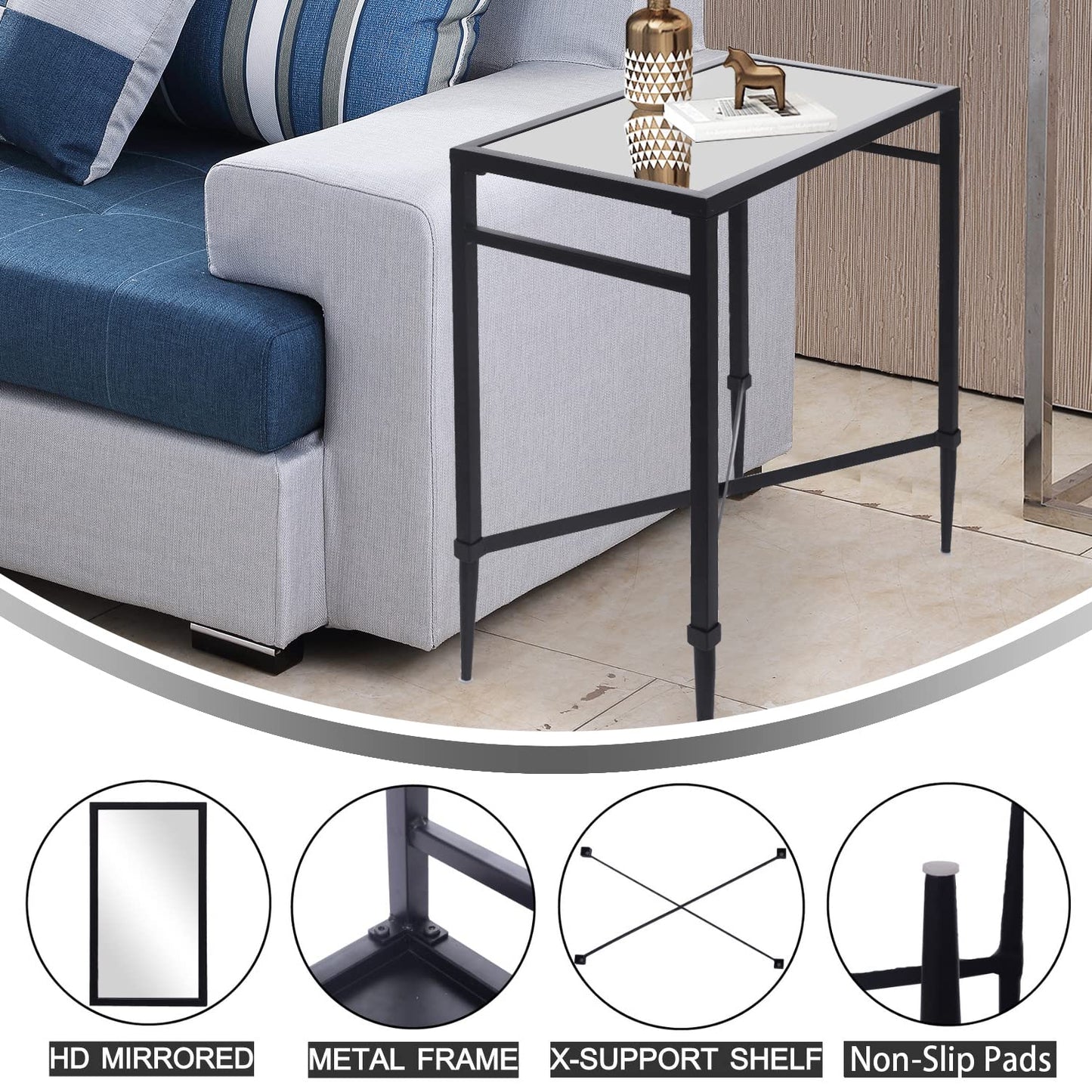 GIFTTROVE Black End Table, Rectangle Side Table with Mirrored Top, Modern Metal End Tables, Small Narrow Side Tables for Living Room, Balcony, 22" L x 12.4" W x 24" D