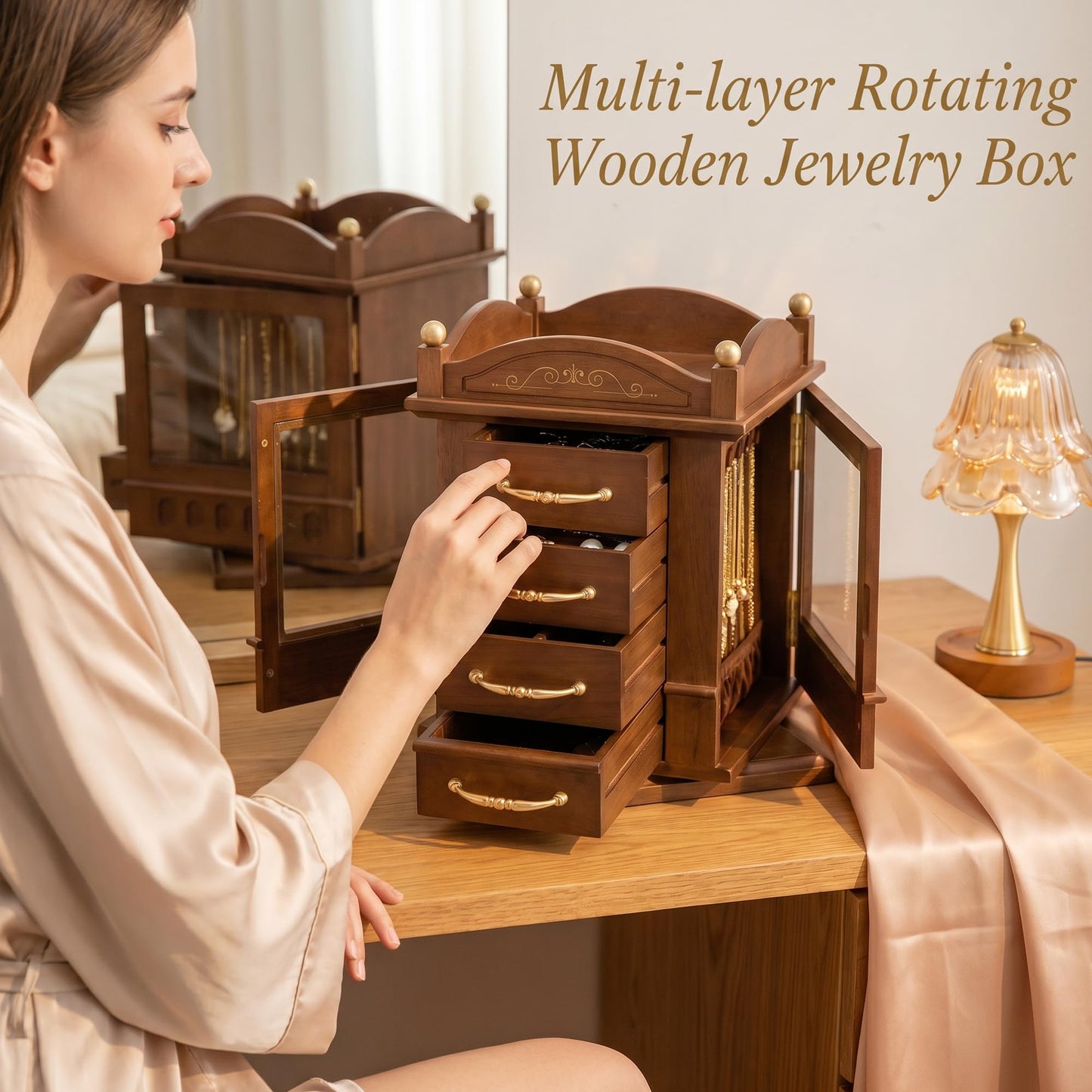 GuaziV Wooden Jewelry Organizer for Women, 360° Rotating Jewelry Box with 4 Drawers, Necklace & Ring Holder, Tangle-Free Jewelry Storage Cabinet for Vanity and Bedroom