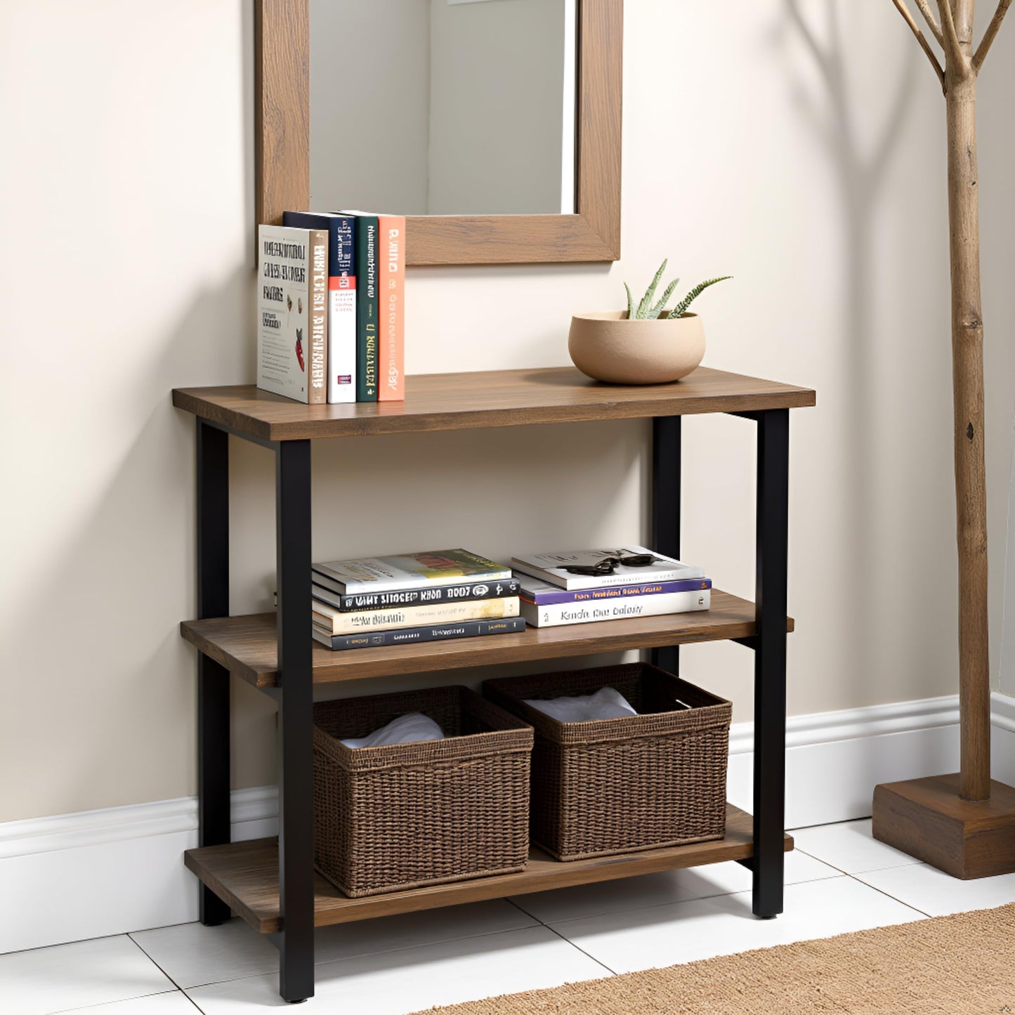 Alaterre Furniture Pomona Living Room 3-Tier Solid Wood Under-Window Bookshelf with Metal Frame – Rustic Industrial Modern Living Room Bookcase (Rustic Brown)