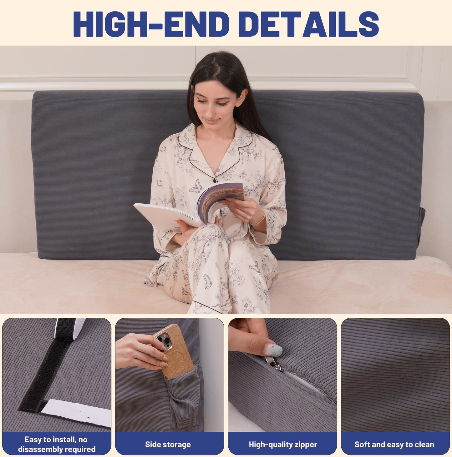 Upholstered Cotton Velvet Full Headboard No Assembly Required Direct Installation, Soft Headboard with Storage Pocket, Removable Washable Cover, 3D Soundproof Bed Wall Panels, 54x4x24, Grey