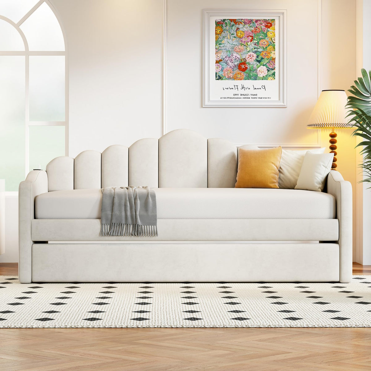 Ball & Cast Twin Daybed with Trundle and Channel Tufted Backrest,Velvet Upholstered Day Bed Frame with USB Charging Ports and 2 Side Pockets, Wood Slats Support,No Box Spring Needed,Beige