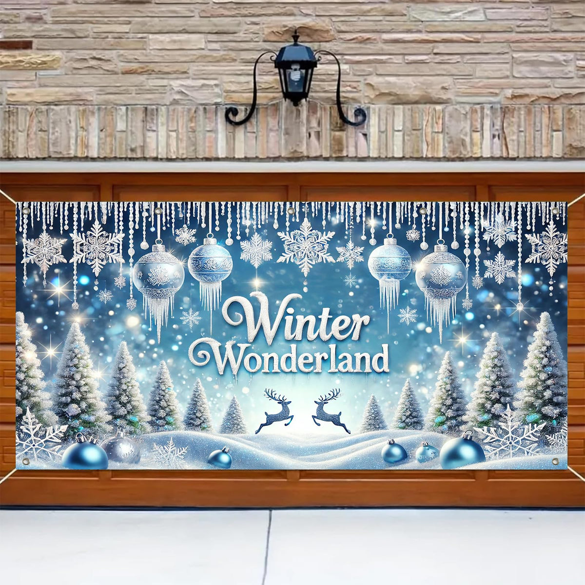 HOMETITUTE Winter Wonderland Garage Door Banner 13x6ft Snowy Landscape Decoration Frost Covered Trees Photo Prop Background for Peaceful Holiday Outdoor Festive Display Party Supplies