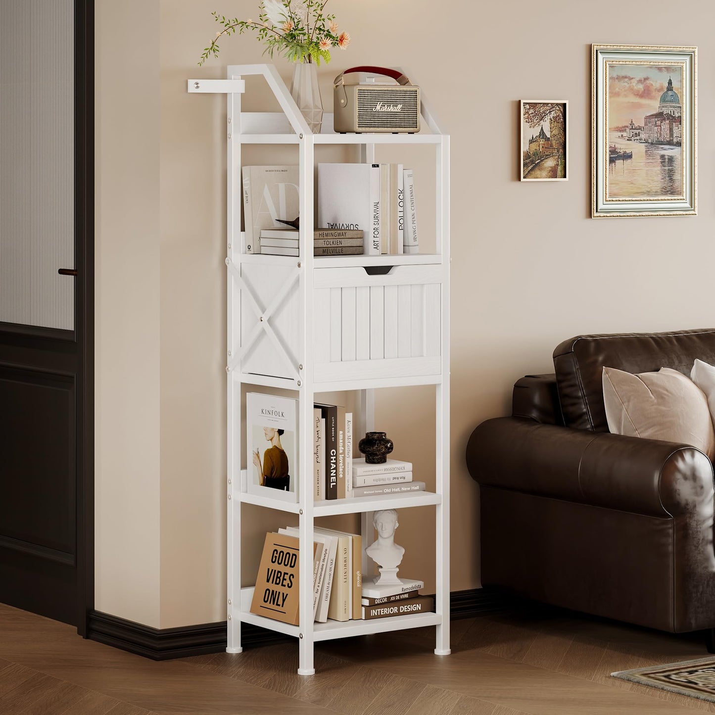 Homeiju Bathroom Floor Cabinet, 5-Tier Bathroom Storage Organizer Rack with Drawer, Multifunctional Corner Unit, 47.24 Inches in Height, White