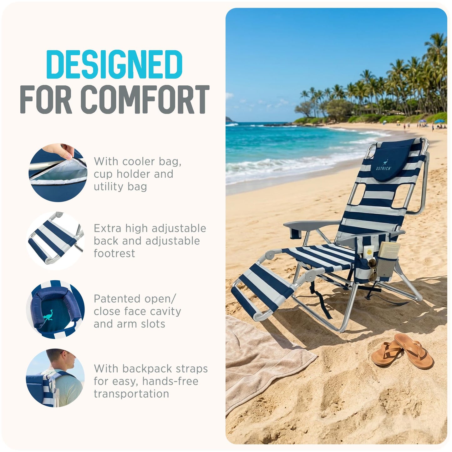 Ostrich the Backpack 3N1 Portable Chair with Cooler Bag and Reclining Lounger for Tanning, Camping, Beach, and Outdoor Essential, Blue Stripe