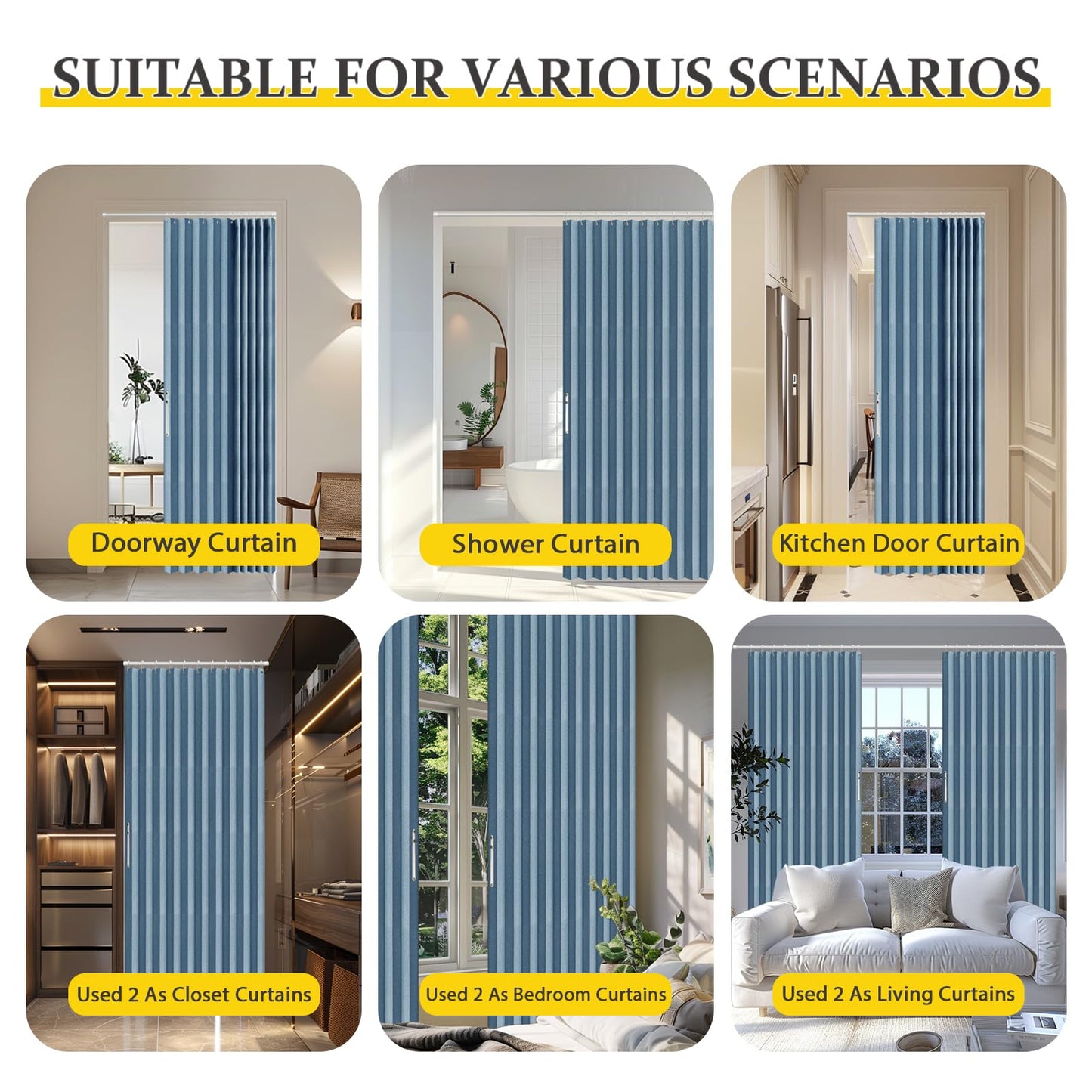AJAZZ 100% Blackout Accordion Doors Interior Magnetic Door Curtain Closet Door Curtain Invisible Applicable Bedroom Room Living Room Doorway （Blue 42" W x 78" L 1 Panel