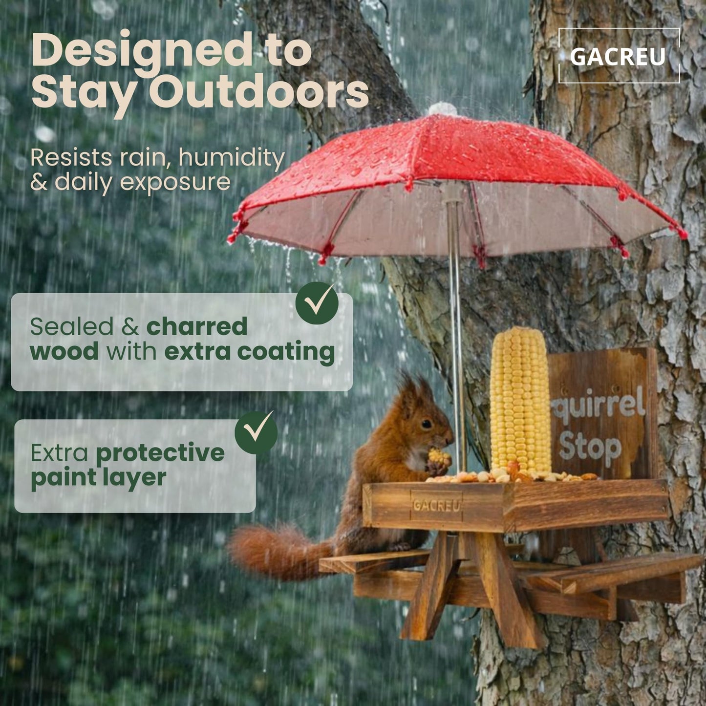 GACREU Squirrel Feeder Picnic Table – Wooden Bench Feeding Station with Umbrella, Drainage & Airflow – Easy Assembly Wildlife Feeder for Corn & Nuts – Unique Garden Gift