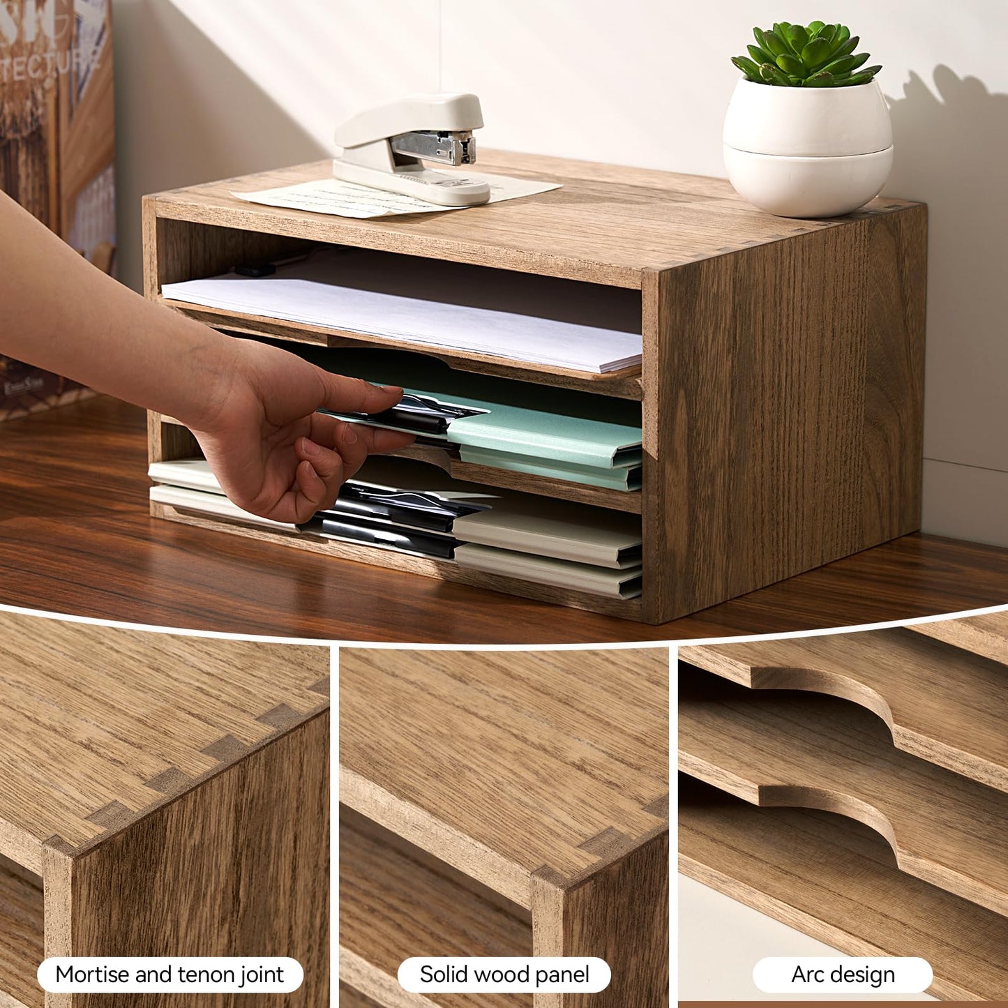 KIRIGEN Wooden Desktop Organizer, 3 Tier Solid Wood Letter Tray and Paper File Sorter for Desk, Freestanding Office Document Holder for Mail, Magazines, Folders, 13.78 x 9.45 x 7.08 in Brown 3KWJG-DBR