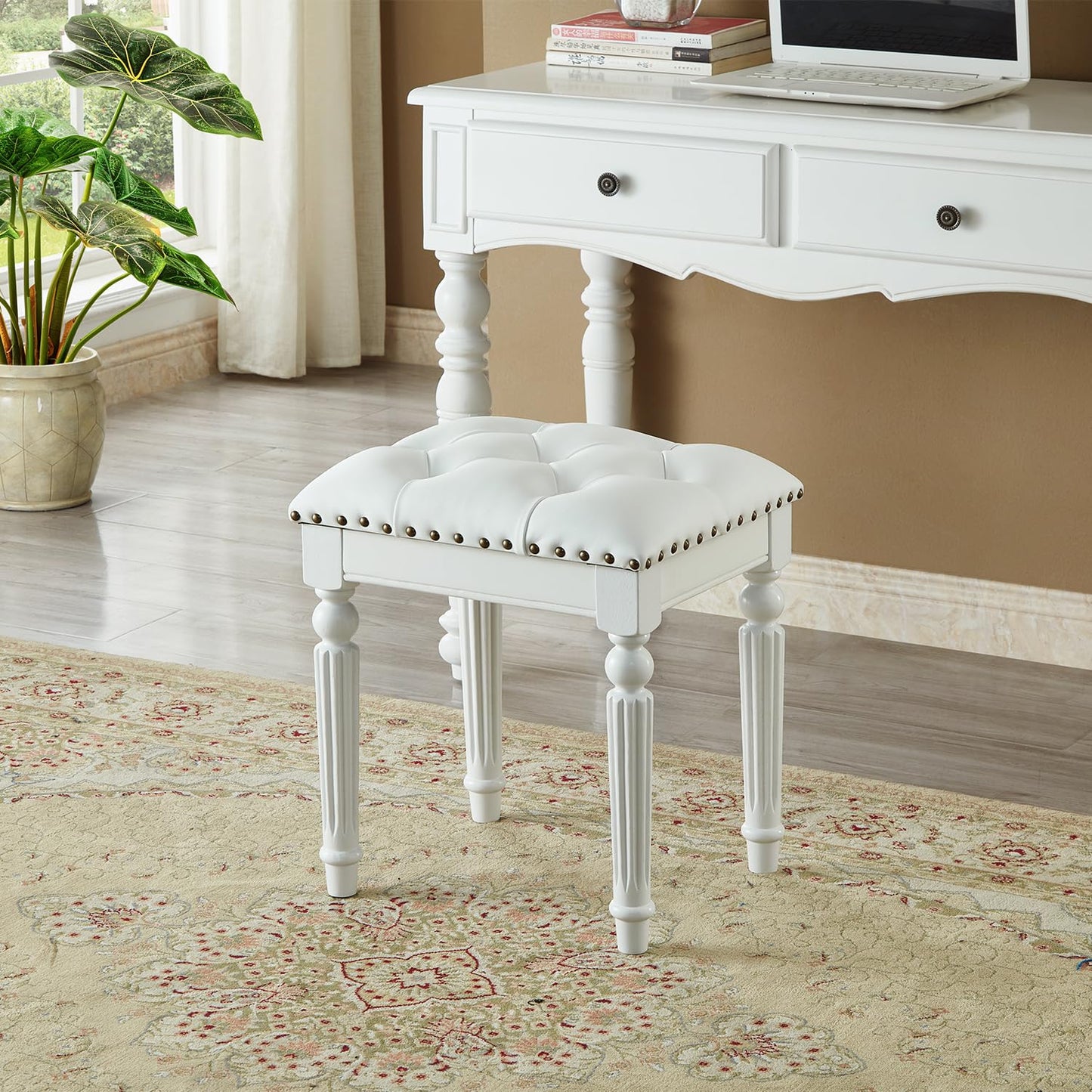 KIVSON Vanity Bench Stool with Microfiber Leather Cushion, Vanity Chair Ottoman Dressing Stool with Solid Wood Legs for Bedroom, Makeup Room, Dressing Room, Easy Assembly (White)