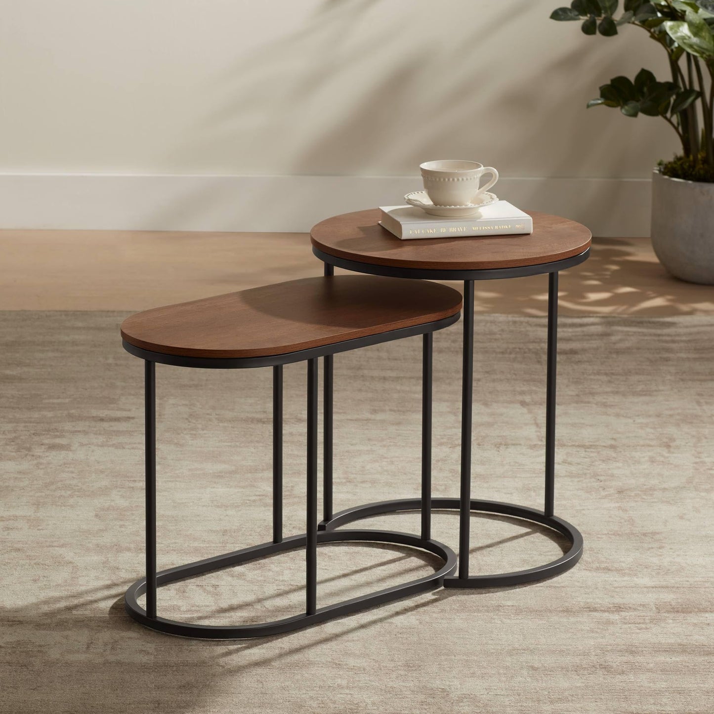 Studio 55D Santa Maria Modern Industrial Set of 2 Small Walnut Round Circle Oval Nesting Wood Black Metal Frame Accent Coffee Couch Side End Tables Living Room Decor Furniture Bedroom Home Office
