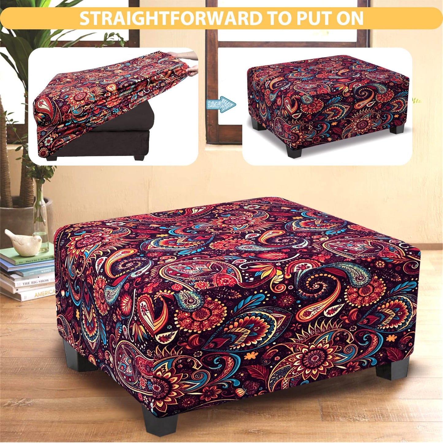 TOPHMDECOR Ottoman Cover Rectangle Printed,Stretch Footstool Slipcover with Elastic Bottom,Soft Fabric Protector for Rectangular Ottoman in Living Room or Bedroom,Medium,Flower E