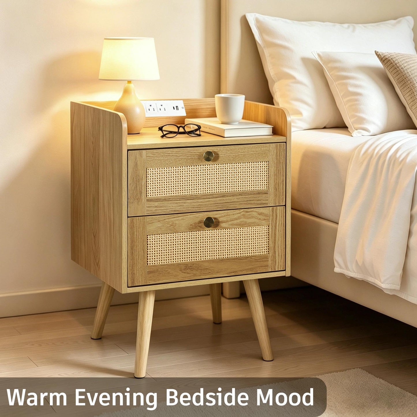 Nightstands Set of 2 with Charging Station, Modern Boho Rattan Bedside Tables with 2 Drawers,Open Storage End Tables for Bedroom, Small Spaces and Dorm, Solid Wood Legs,Natural