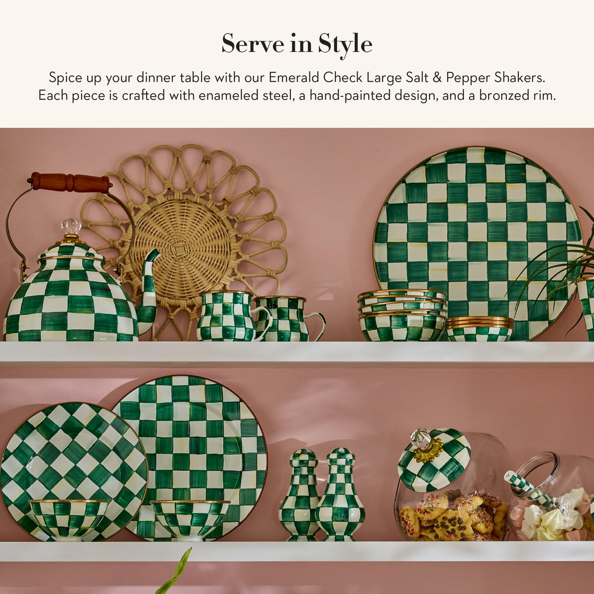 MACKENZIE-CHILDS Enamel Salt and Pepper Shakers, Kitchen Table Spice Shaker Set, Green-and-White Emerald Check, Large