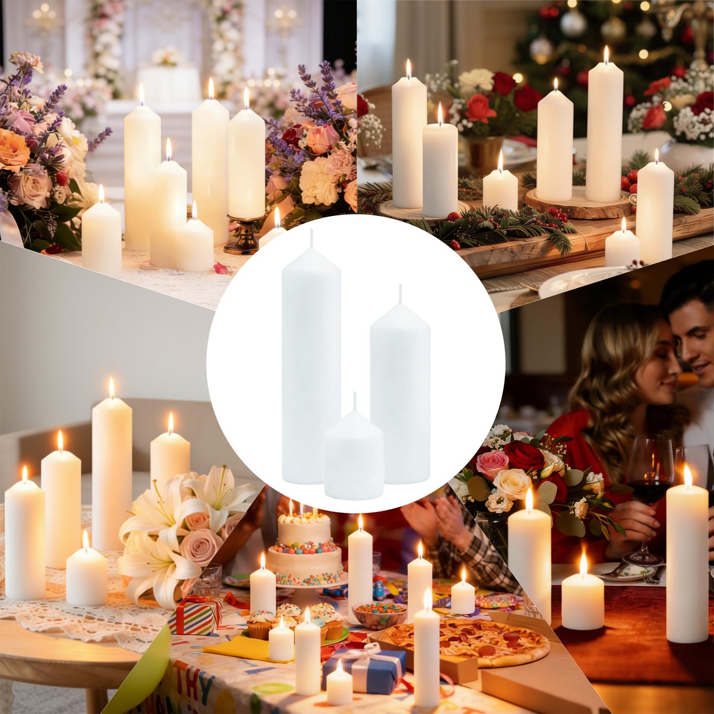 HTTBEIZI Pillar Candles Bulk Set - Unscented, Smokeless, Dripless | 3 Sizes (1 Each): 2x3, 2x6, 2x8 Inches | Ideal for Weddings, Christmas & Home Decor (3, White)