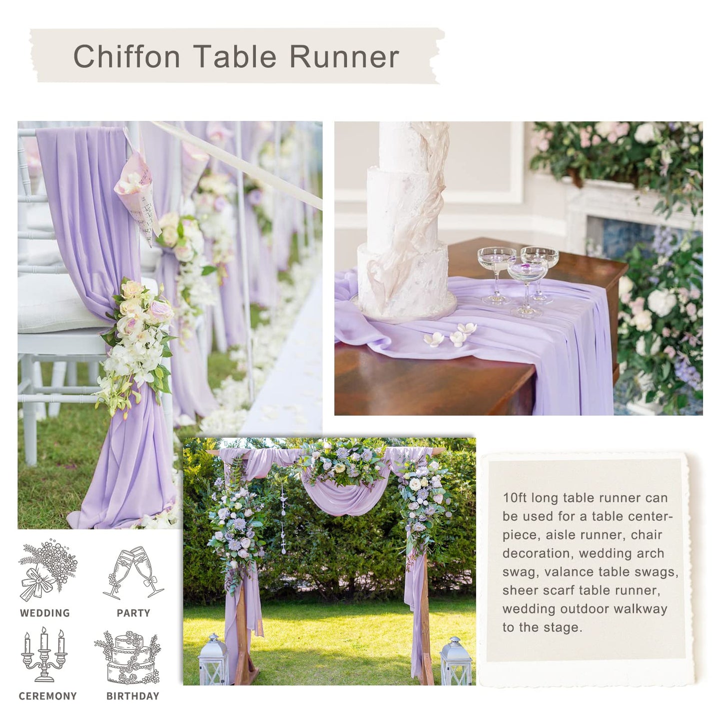Light Purple 27 x 120 inches Long Soft Table Runner for Wedding Chiffon Table Runners Rectange and Round Table Decorations for Birthday Parties