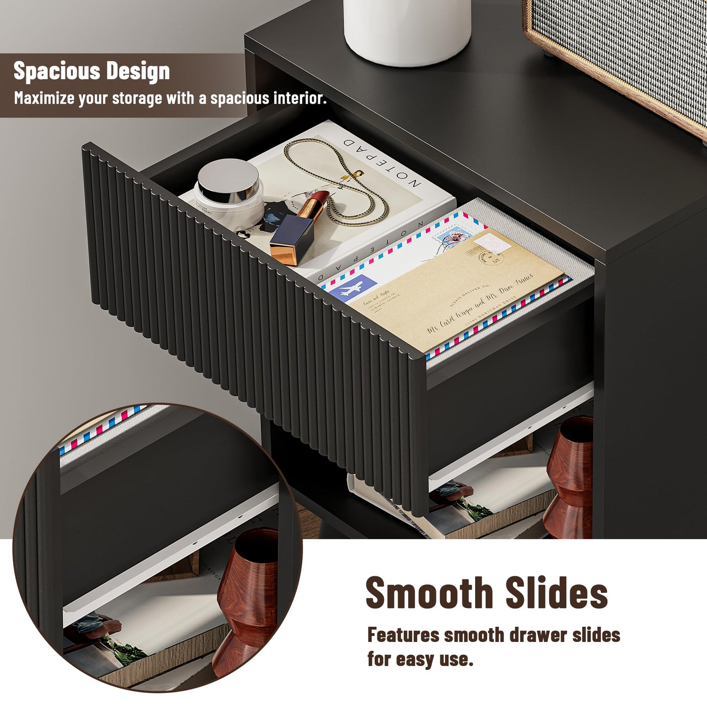 Nightstand, Modern Bedside Table with Storage Drawers and Open Wood Shelf, Night Stand with Solid Wood Legs, End Tables Side Tables for Living Room, Bedroom Black