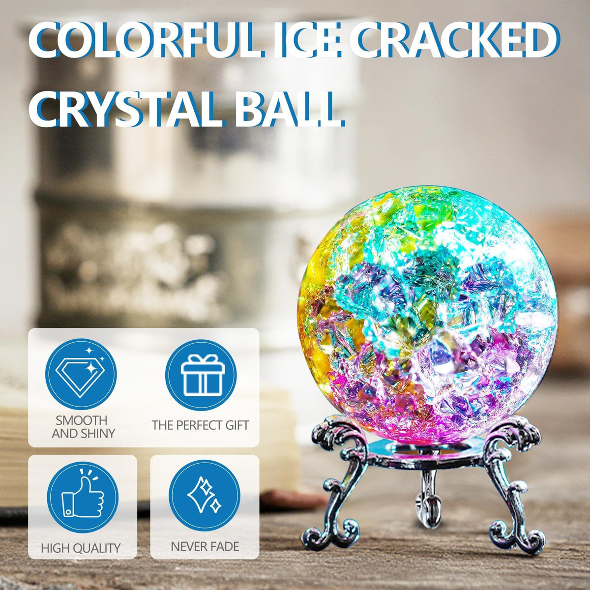 ZEERSHEE Colorful Ice Cracked Crystal Ball with Stand, 2.3" Glass Decor