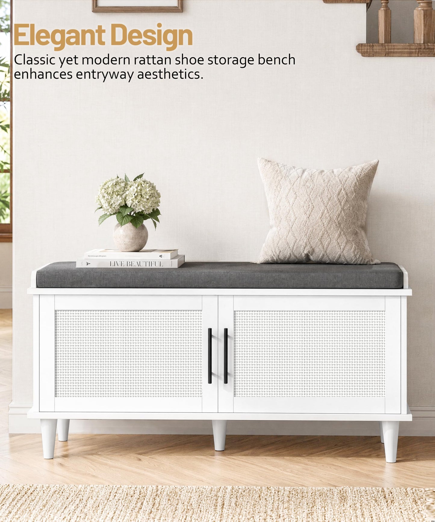 Akxomel Rattan Shoe Storage Bench with Cushion, 2-Tier Entryway Bench with Adjustable Shelves and 2 Doors, 15" D x 39.4" W x 20" H, Solid Wood Legs, for Hallway, Living Room, Bedroom, White