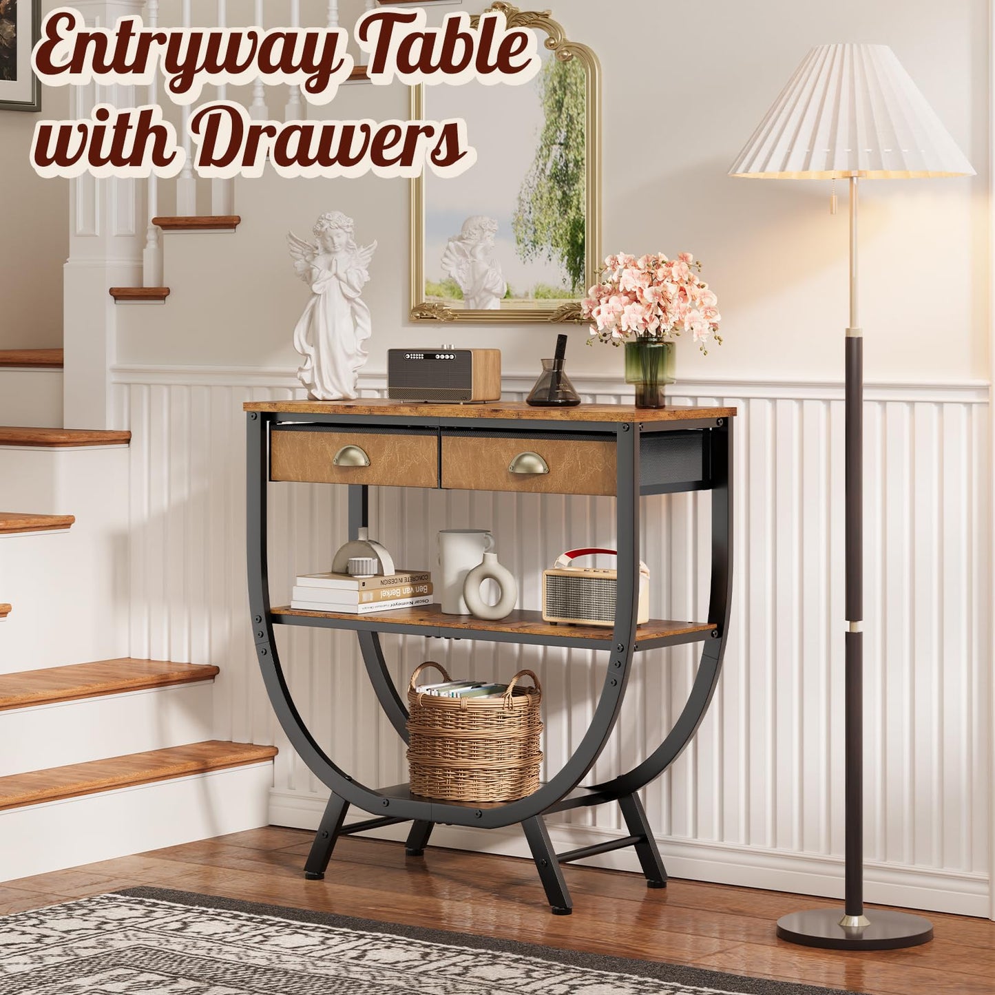 Console Entryway Table with 2 Drawers, 31.5" Height Sofa Table Behind Couch with 3 Tier Storage Shelves，Industrial TV Stand Accent Furniture for Hallway Corner Living Room Bedroom Entry Way Home Decor