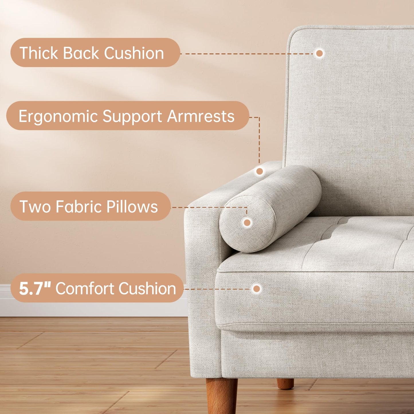 Vesgantti Loveseat Sofa 48" Small Couches for Small Spaces, Love Seat for Living Room, Bedroom, Easy Assembly Mid Century Modern Couch, Beige
