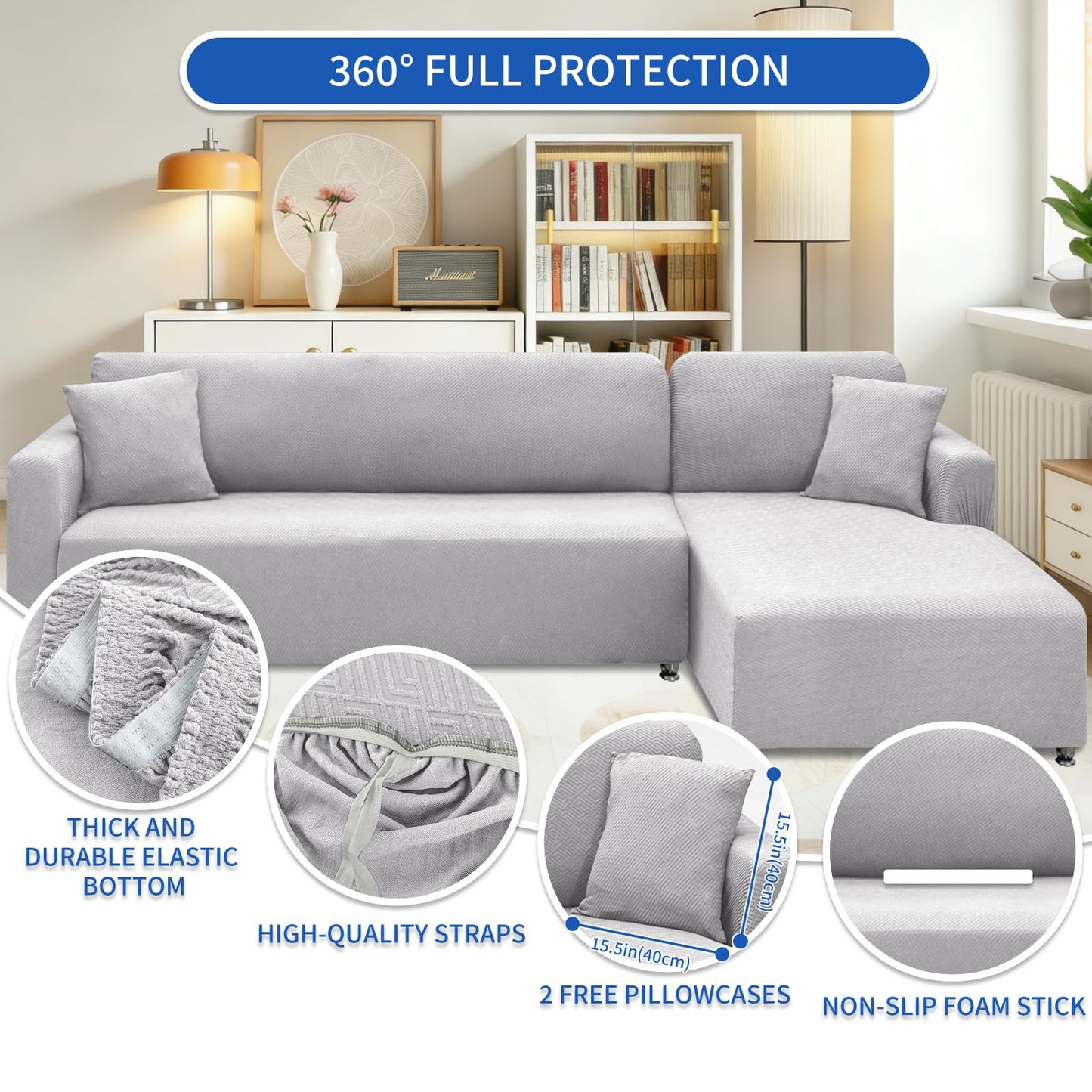 XINEAGE Sectional Couch Cover High Stretch L Shaped Sofa Cover 2 Pieces Non Slip Slipcover with Chaise Furniture Protector with 2 Pillowcases for Pets & Dogs (3 Seat Sofa + 3 Seat Chaise, Silver Gray)