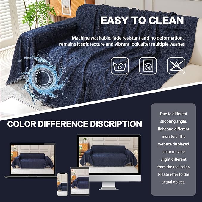 DREAMINGO Navy Blue Couch Cover Thick Chenille Couch Cover Blanket