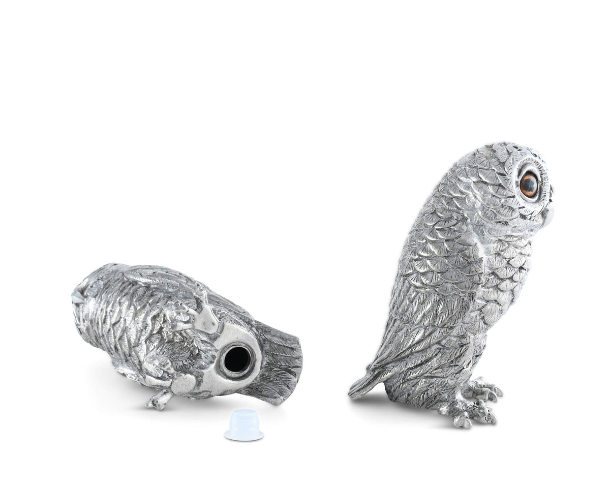 Vagabond House Pewter Metal Owl Salt and Pepper Shaker Set with Hand-Painted Eyes Thanksgiving Harvest Table 3.75 inch Tall