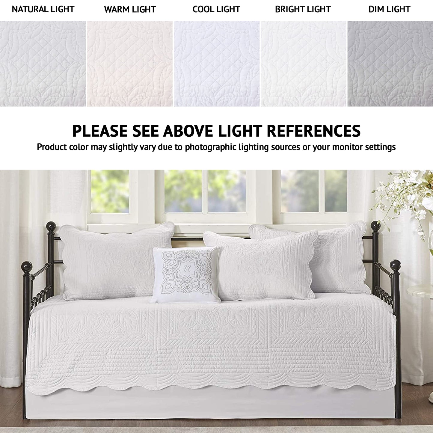 Madison Park Daybed Cover Set Damask Quilted Cover for Daybeds, All Season, Pre-washed Cotton-Filled Coastal Bedding with Scallop Edge, Shams, Bedskirt, Décor Pillows, Tuscany, White, 39"x75", 6 Piece