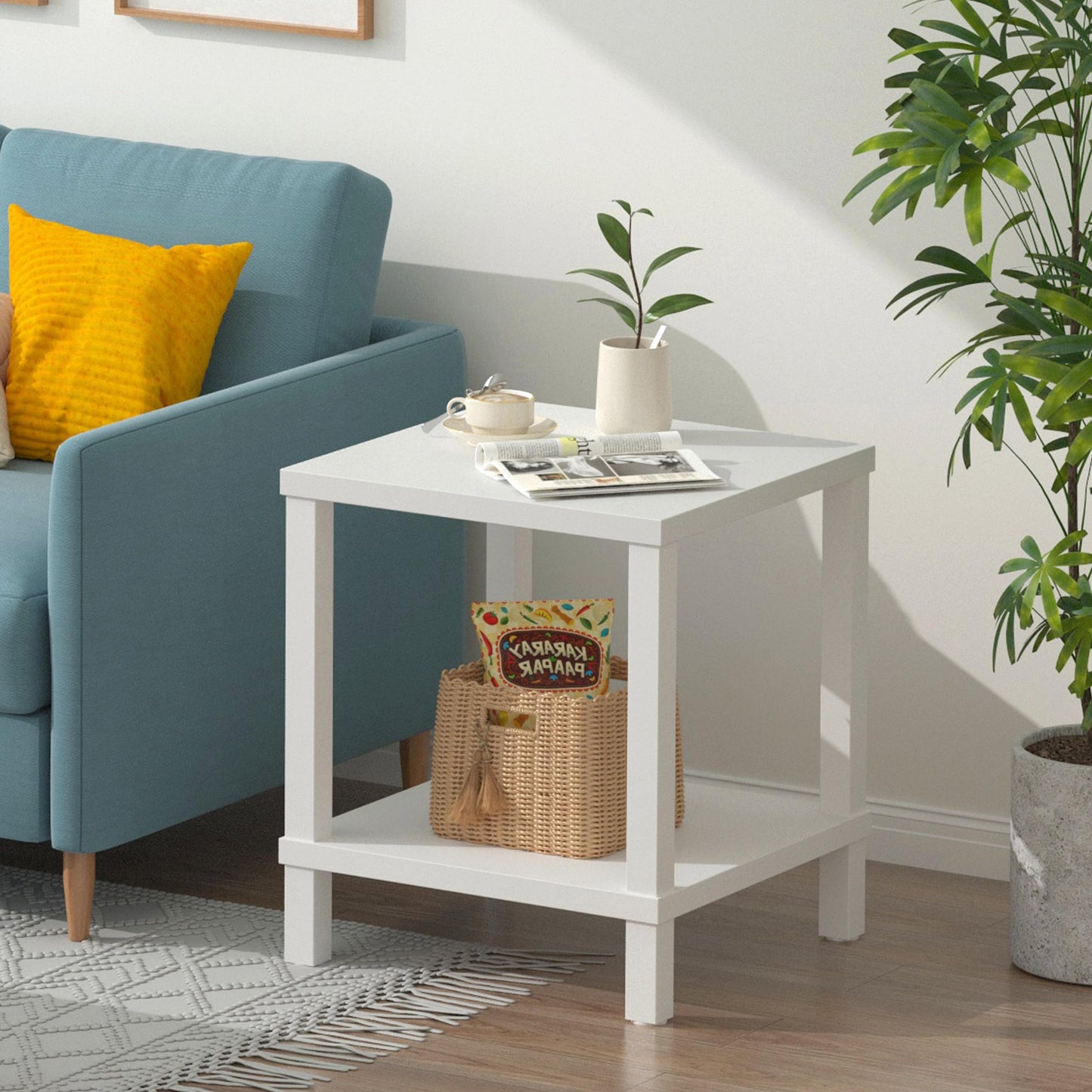 MMEOLUOOK Large End Table Square Side Table Modern Sofa Table 20 Inch Industrial Coffee Table NightStand with 2-Tier Storage Shelf for Living Room Bedroom White MLBZ06W