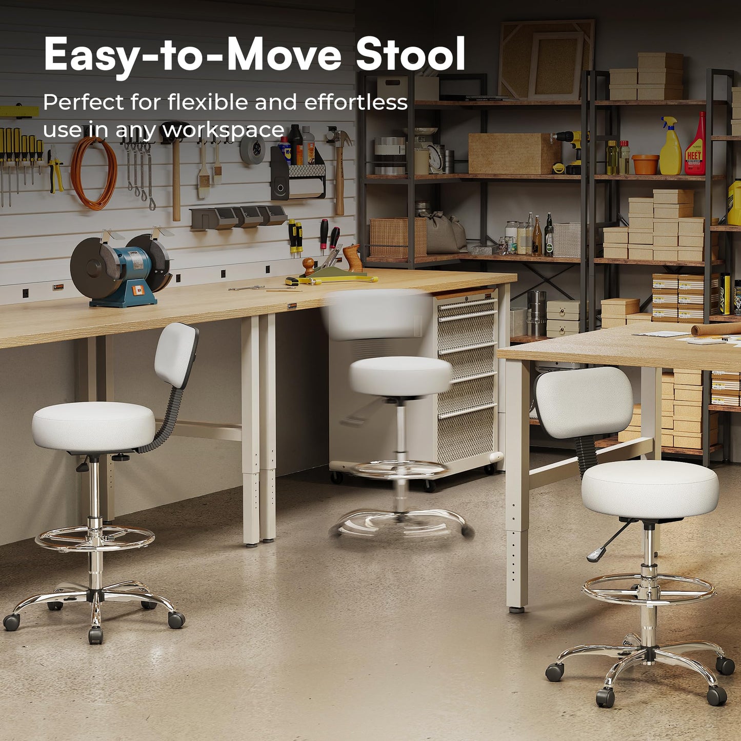 SUPERJARE Drafting Chair with Back, Adjustable Foot Rest Rolling Stool, Multi-Purpose Office Desk Chair, Thick Seat Cushion for Home Bar Kitchen Shop - White