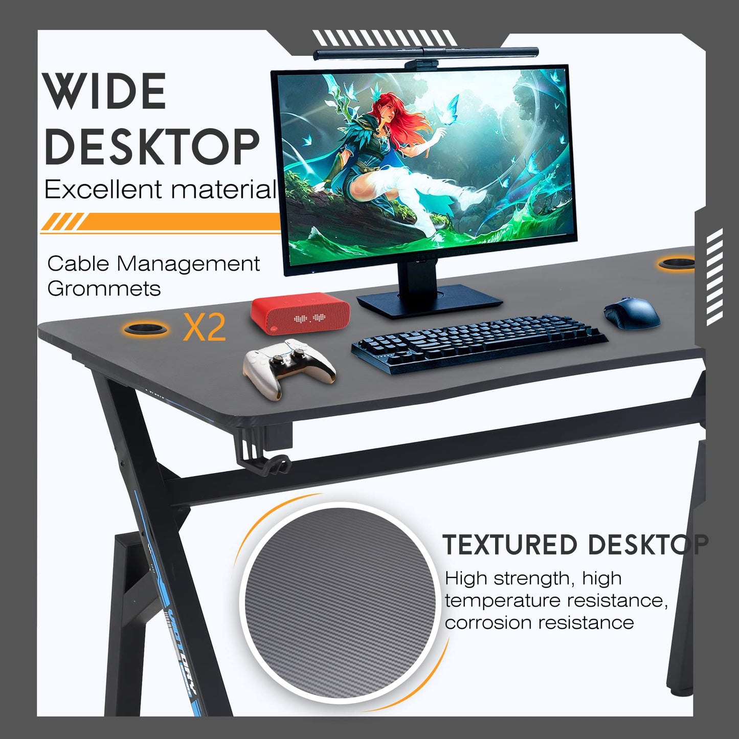 BestOffice | 47" Gaming Desk | Blue | Carbon Fiber Textured Computer Desk | Sturdy Steel Frame, Cup Holder, Headphone Hook, Cable Management Holes, Adjustable Leg Pads | for Gamers, Home, Office
