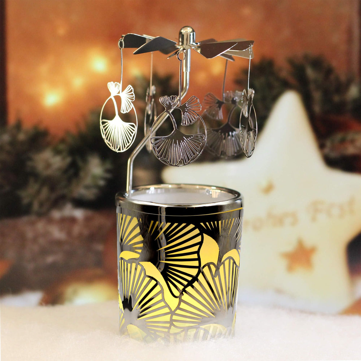 Candle Carousel Rotary Candle Holder Christmas Carousel Spinning Tealight Candleholder Christmas Decoration Centerpieces for Tables Valentine Easter (Gold Ginkgo Leaf)