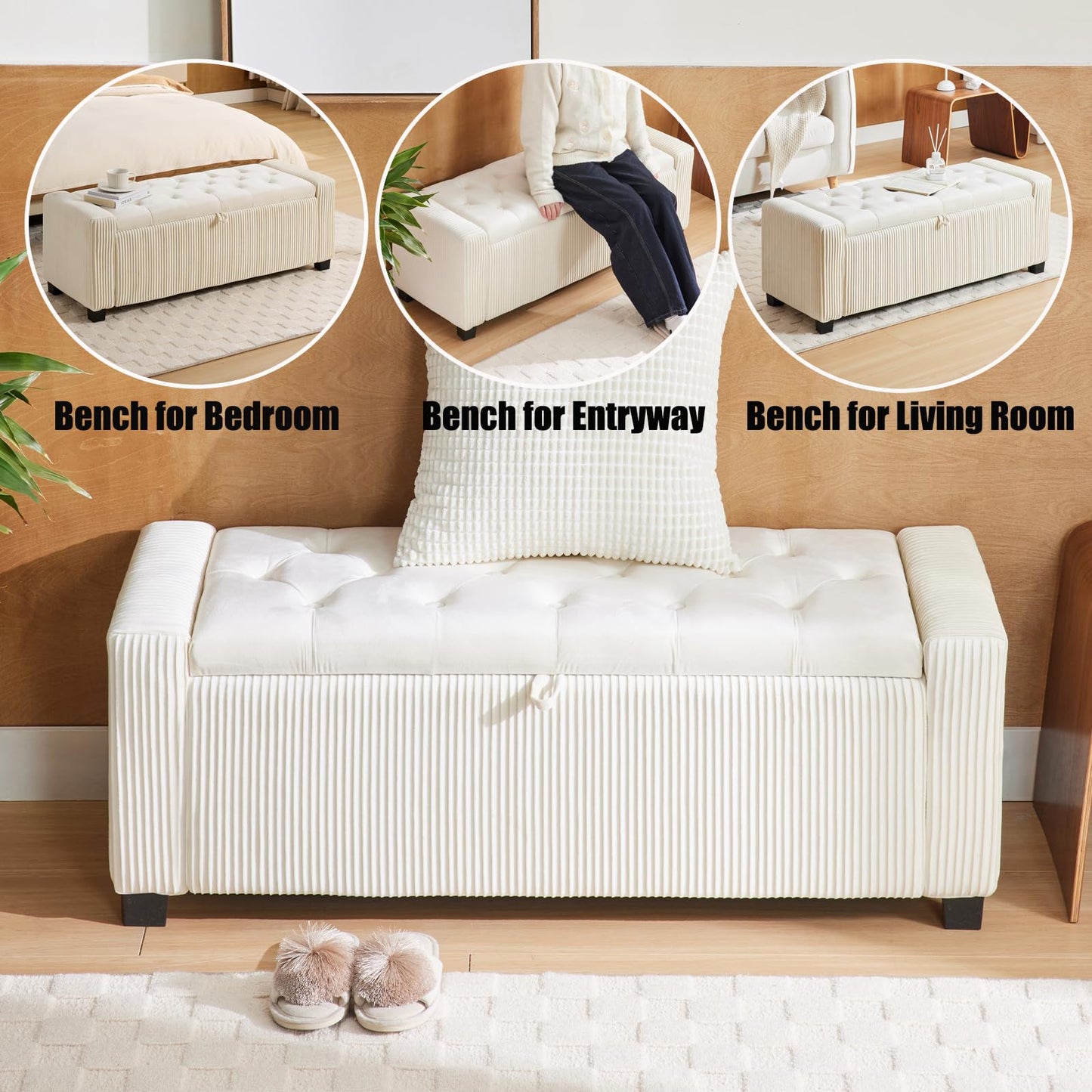 2BYF Storage Ottoman Bench, Bench for Bedroom End of Bed, Ottoman with Storage for Living Room and Entryway (Velvet White)