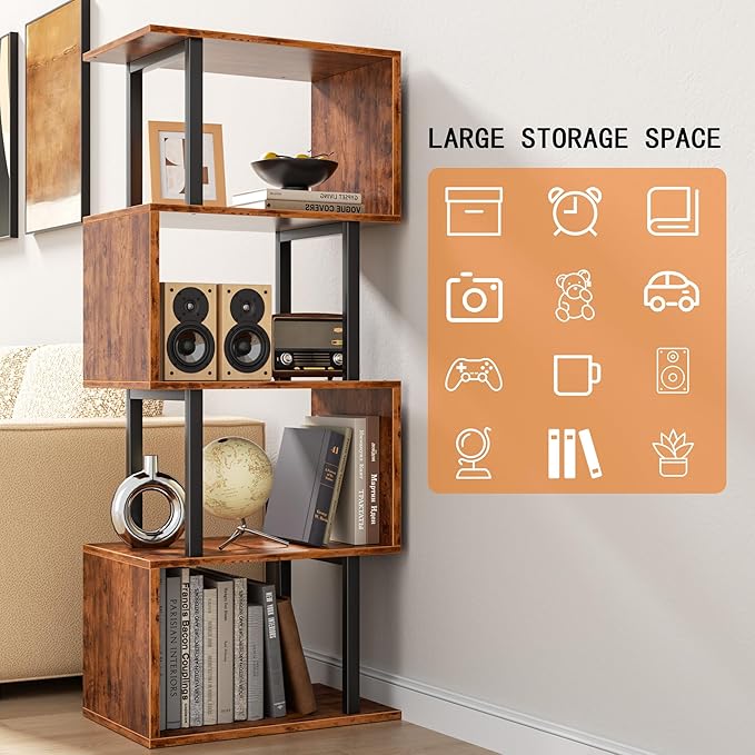 Furologee 5 Tier Bookshelf, S Shaped Geometric Bookcase, Narrow Freestanding