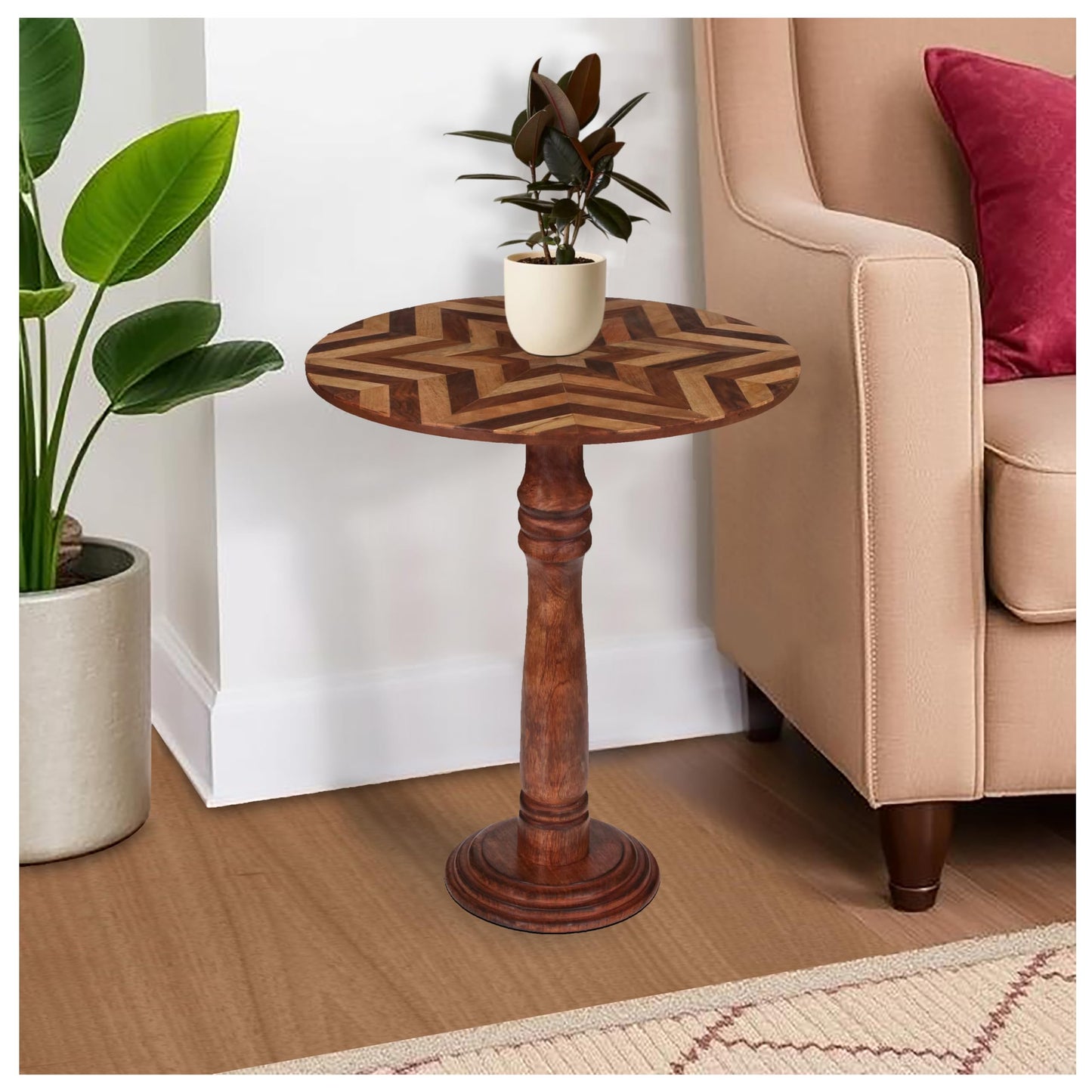 The Wooden Town Handcrafted Round Coffee Table for Living Room – 18x21.5 Inch Wooden End Table, Side Table, Accent Table – Solid Wood Small Table with Pillar Joint Design – Natural Finish