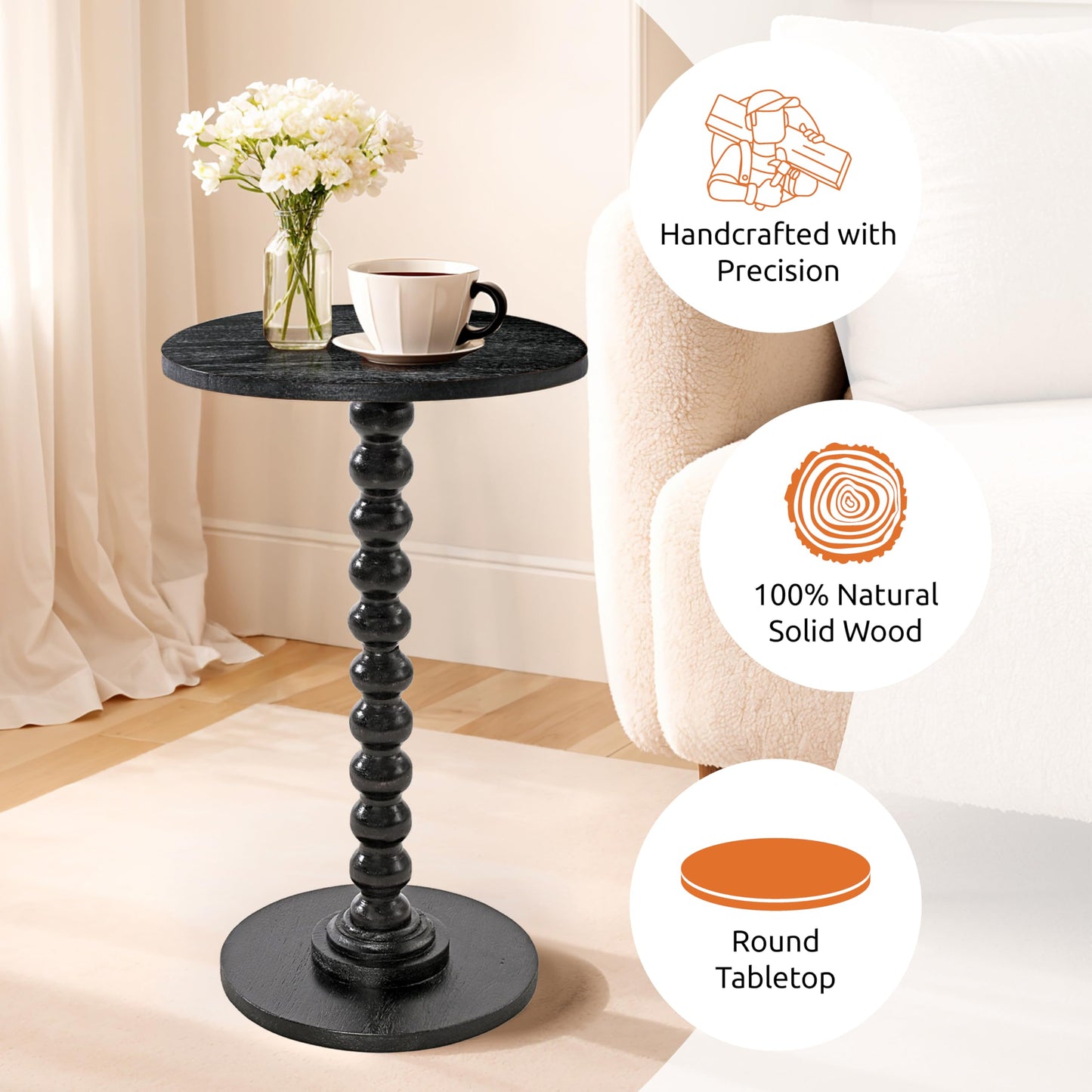 LIVINGNISH Solid Wood Round Side Table for Living Room, Handcrafted End Table for Small Spaces, Tool-Free Assembly with Non-Skid Base, Decorative Bedside Nightstand- Charcoal Gray