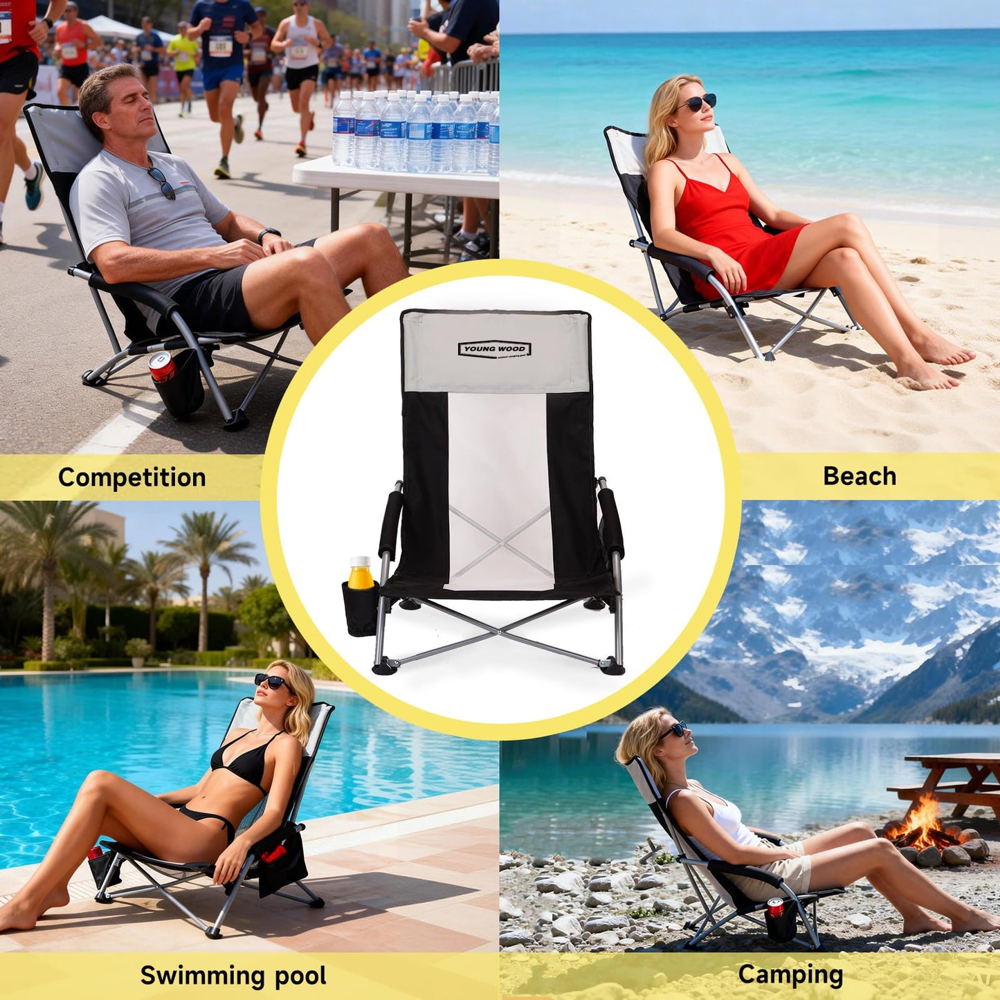 YOUNG WOOD High Beach Chair, Camping Chair, High Back Extra Wide Seat Chair with Comfortable Pillow & Storage Pocketsuitable for Adults, Children and Pets Fishing, PLoad Capacity 350lb,Black.1p