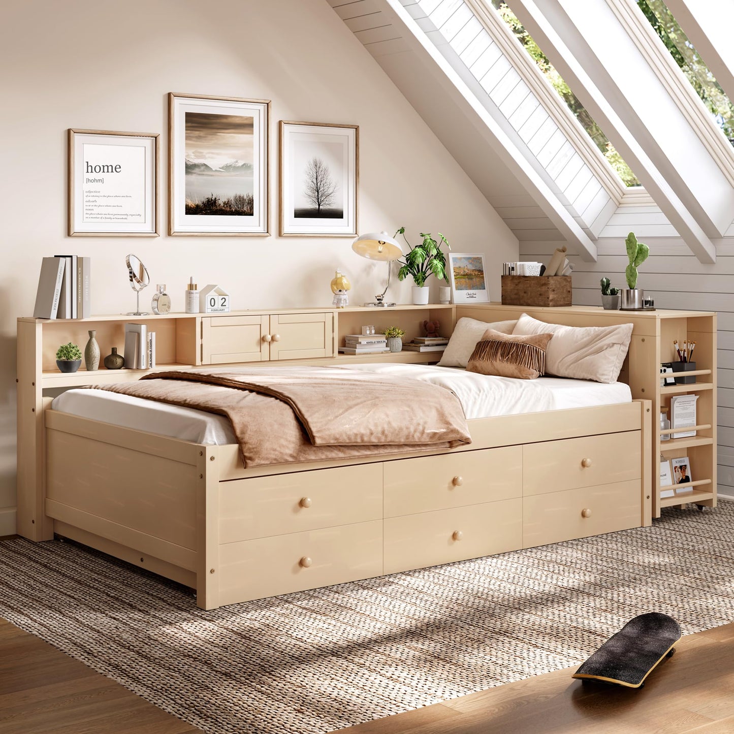 Daybed with Pull-out Desk and Trundle, Twin Size Wood Bed Frame with Multiple Storage Drawers, Open Shelves and Cabinets for Kids Adults Bedroom Furniture, Multifunctional L-Shaped Sofa Bed (Golden)