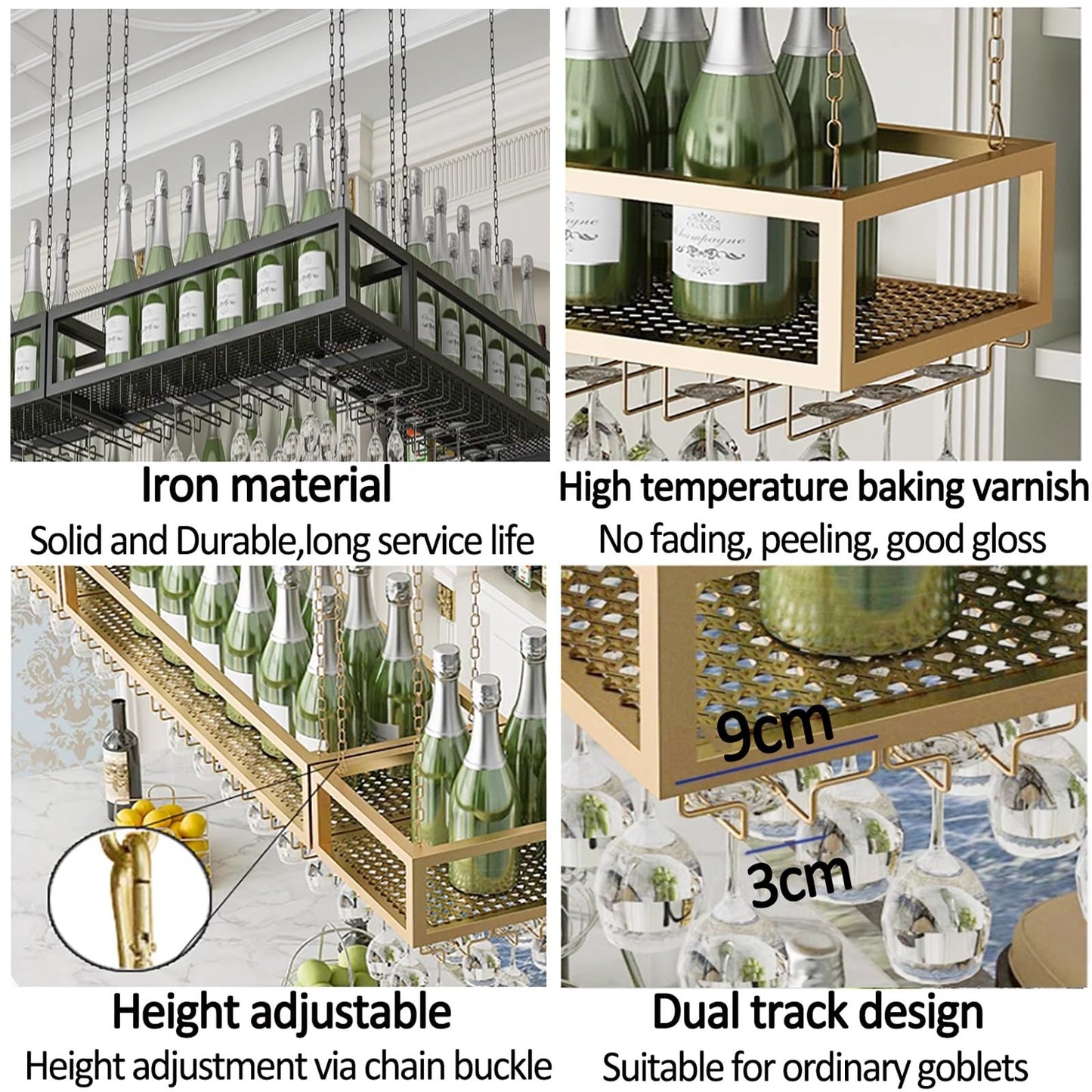 Hanging Wine Rack,Ceiling Wine Glass Rack,Adjustable Height,Iron Wine Rack,Gold,Wine Storage Display Rack,Wall-Mounted Wine Glass Rack Perfect for Bar Cafe Kitchen,Easy to Install