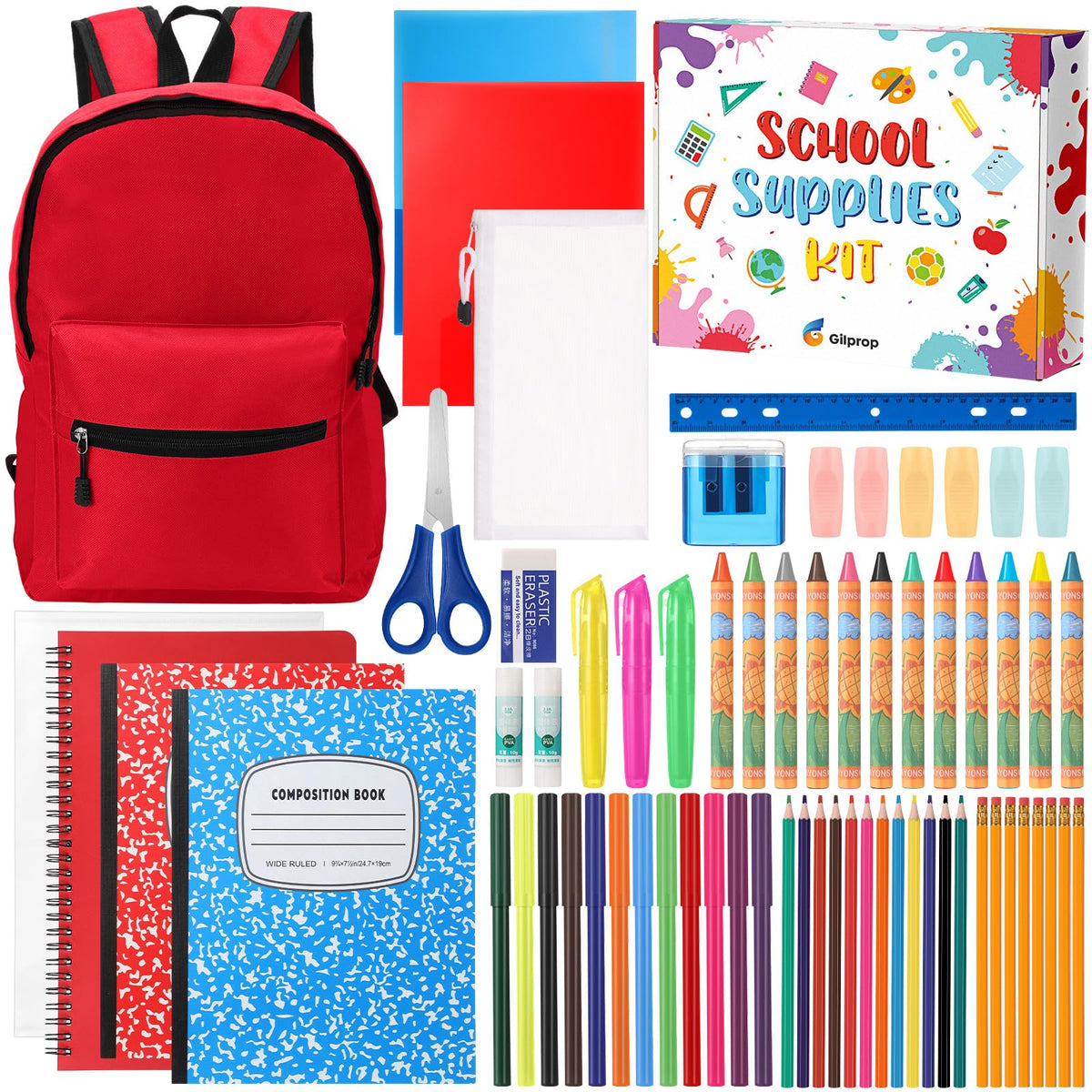 Gilprop 79 Pcs Back to School Supplies Box for Kids K-5 Students Elementary Middle School Supplies Kit Bundle Bulk Essential Pen Notebook Stationery for Primary Student Classroom(Red)