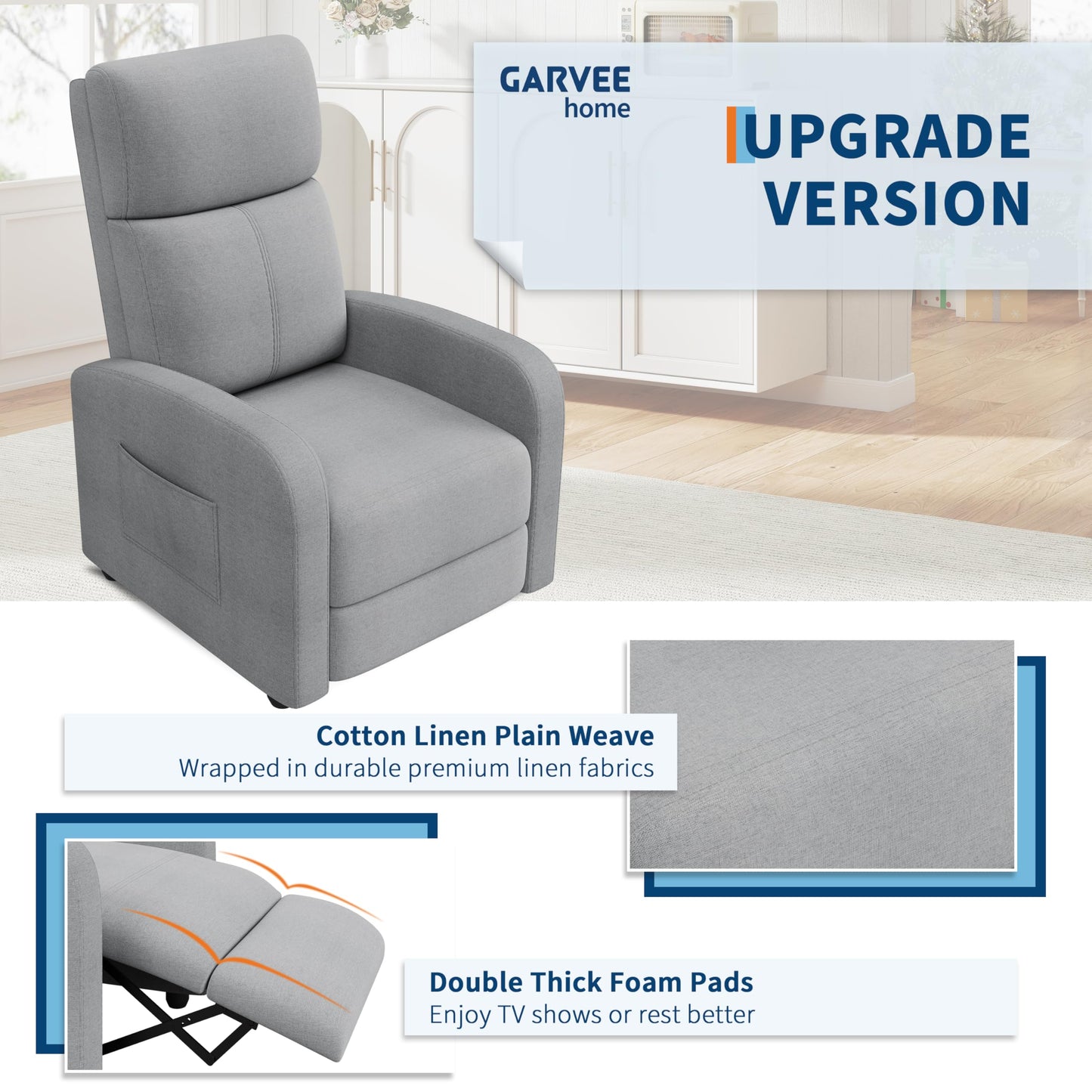 Manual Recliner Chair for Adults, Linen Upholstered Reclining Armchair with High Back & Retractable Footrest, Compact Single Sofa with Side Pocket for Nursery, Bedroom & Living Room, Grey