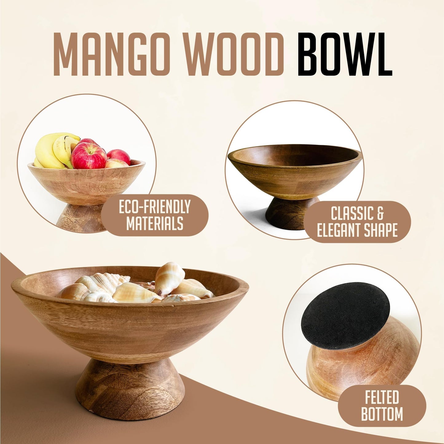 Fairwood Way - Wooden Pedestal Bowl - Mango Wood Footed Bowl as Fruit, Key, Decorative, Candy Holder or Centerpiece, Wooden Bowl Decorative for Kitchen, Dining Table & Modern Home Accessories