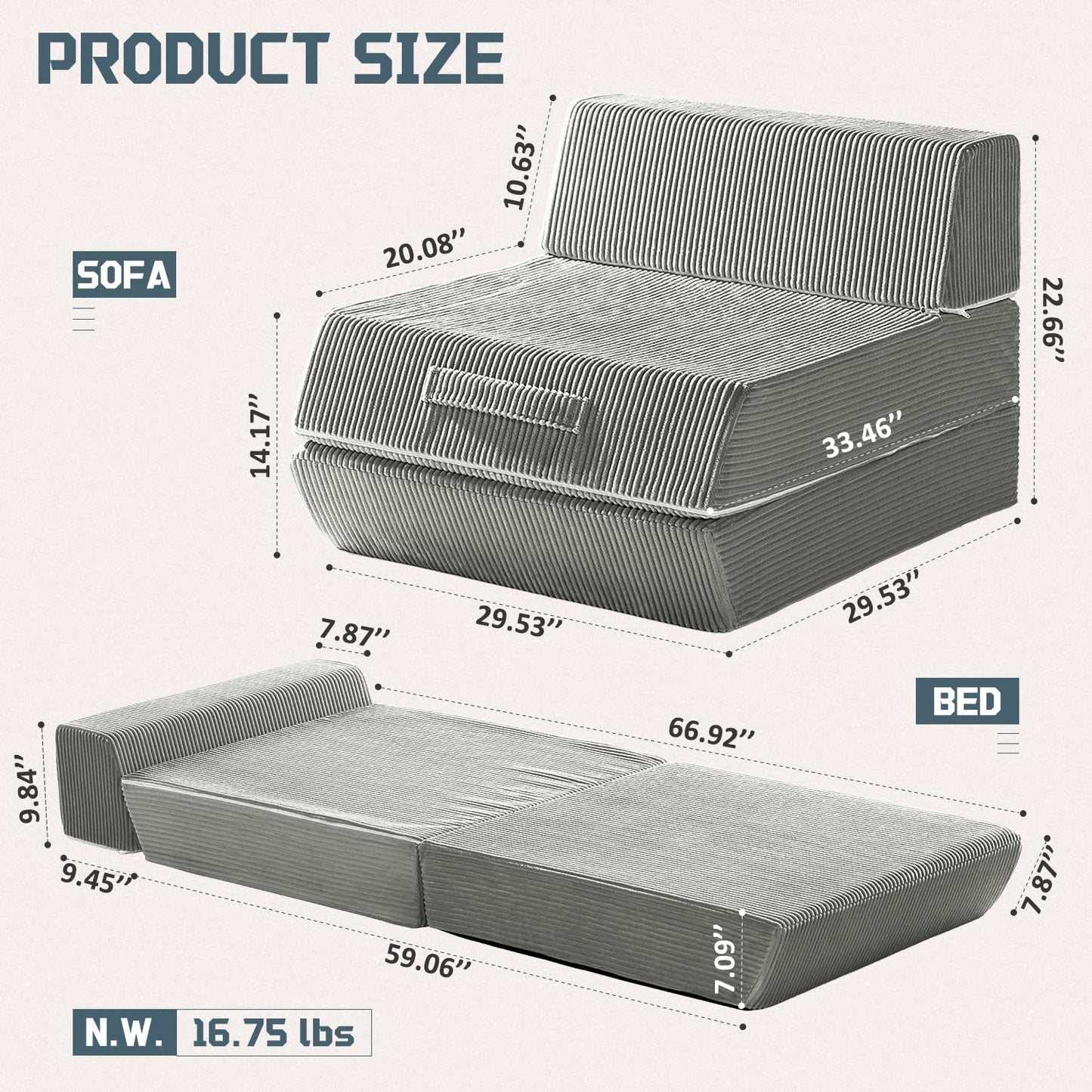 Trenda Folding Sofa Bed, 16lbs Convertible Sleeper Chair with Removable Back Pillow & Handle, Washable Cover Solid Foam Fold Out Chair Bed for Living Room, Apartment, Guest, Single, Light Grey