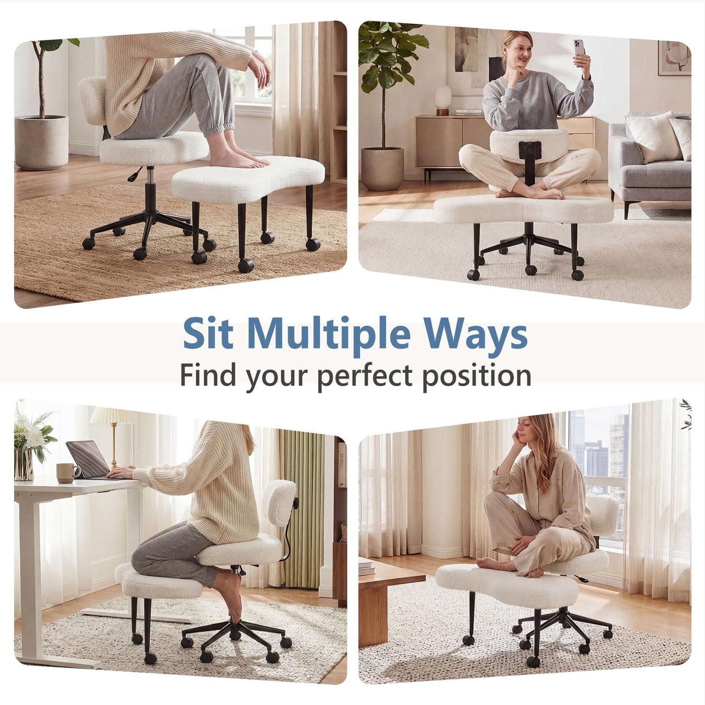 DUMOS Ergonomic ADHD Cross Legged Office Desk Chair with Adjustable Backrest, Height Adjustable Meditation Chair with 360° Swivel Footstool, Teddy Fabric Yoga Stool for Home Office, White