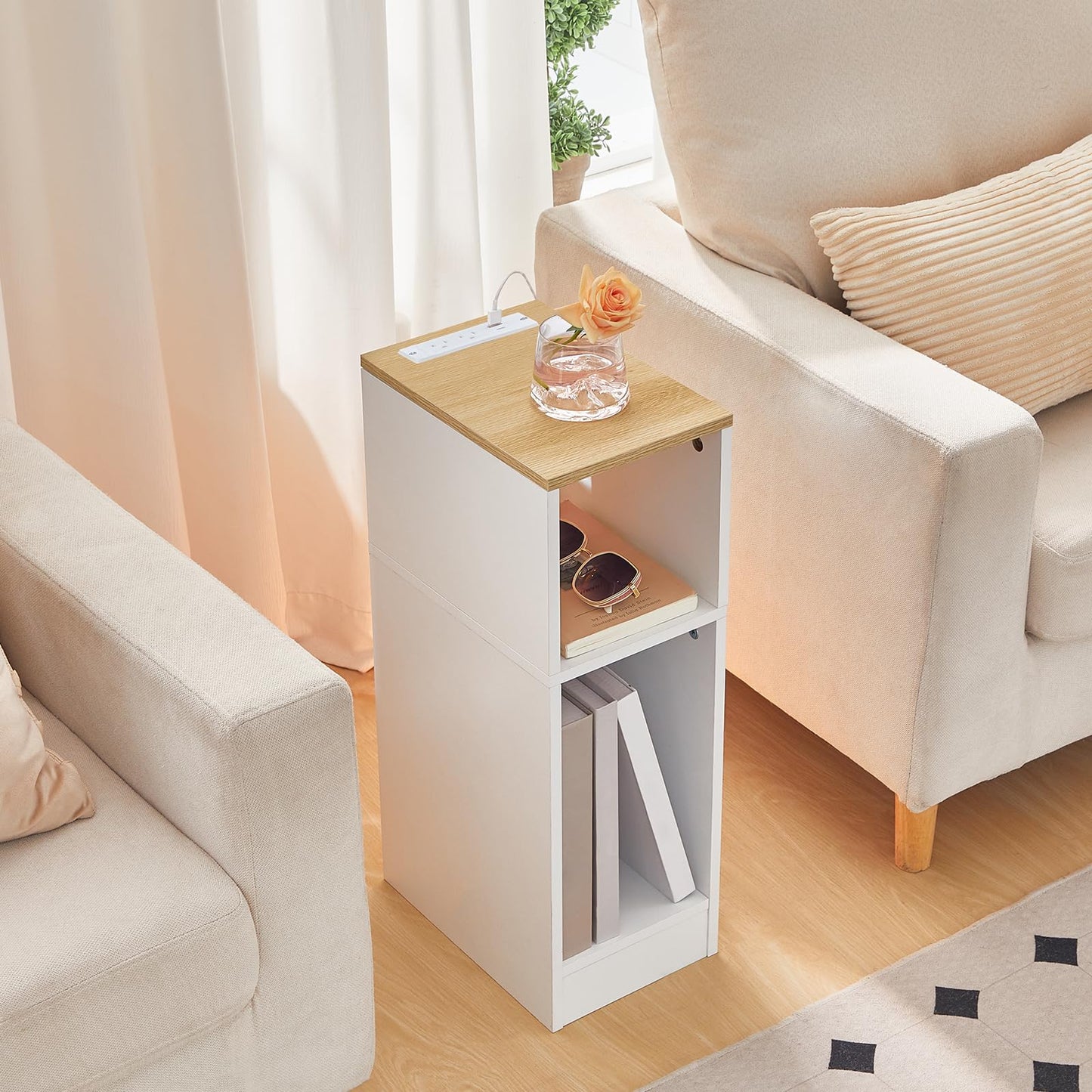 MAHANCRIS Narrow Nightstand, Narrow End Table with Charging Station, Skinny Bedside Table for Small Spaces, Mid Century Modern Night Stand for Bedroom, Living Roon, Natural and White ETNW30E01
