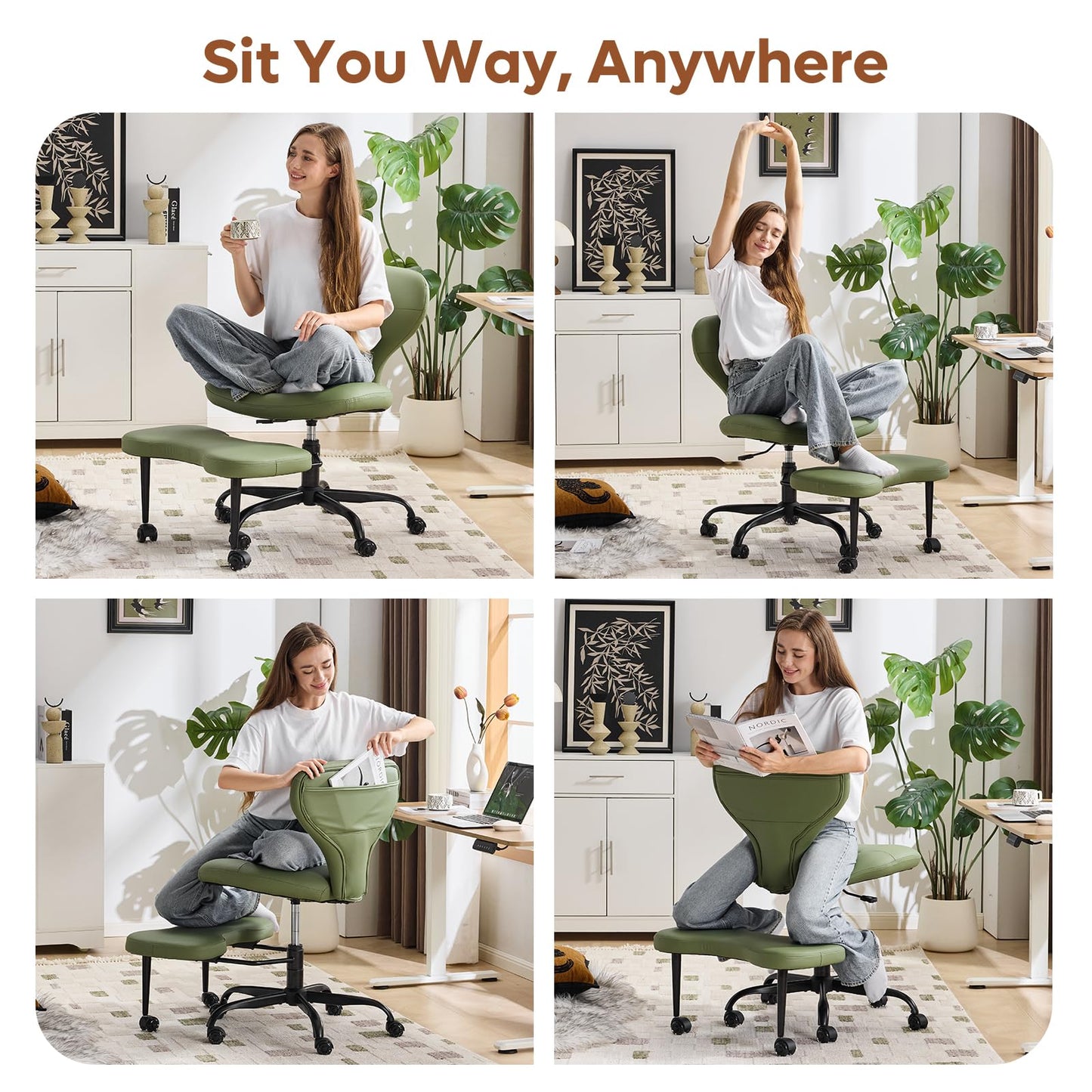 YFO Ergonomic Cross Legged Office Chair and ADHD Meditation Chair with Silent Wheels for Home Office Desk Chair and Yoga, Wider Backrest Support and Storage Pockets Design, PU Leather, Green