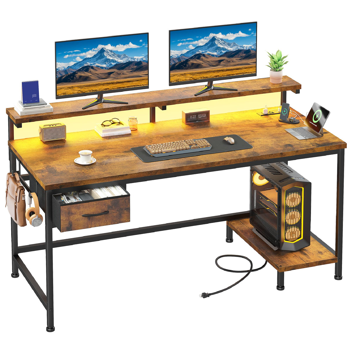 DurayLoly 39.3Inch Office Desk with Power Outlet & Drawer, Gaming Desk with CPU Stand& LED Lights,Computer Desk with Ergonomic Monitor Stand for Small Space,Rustic Brown